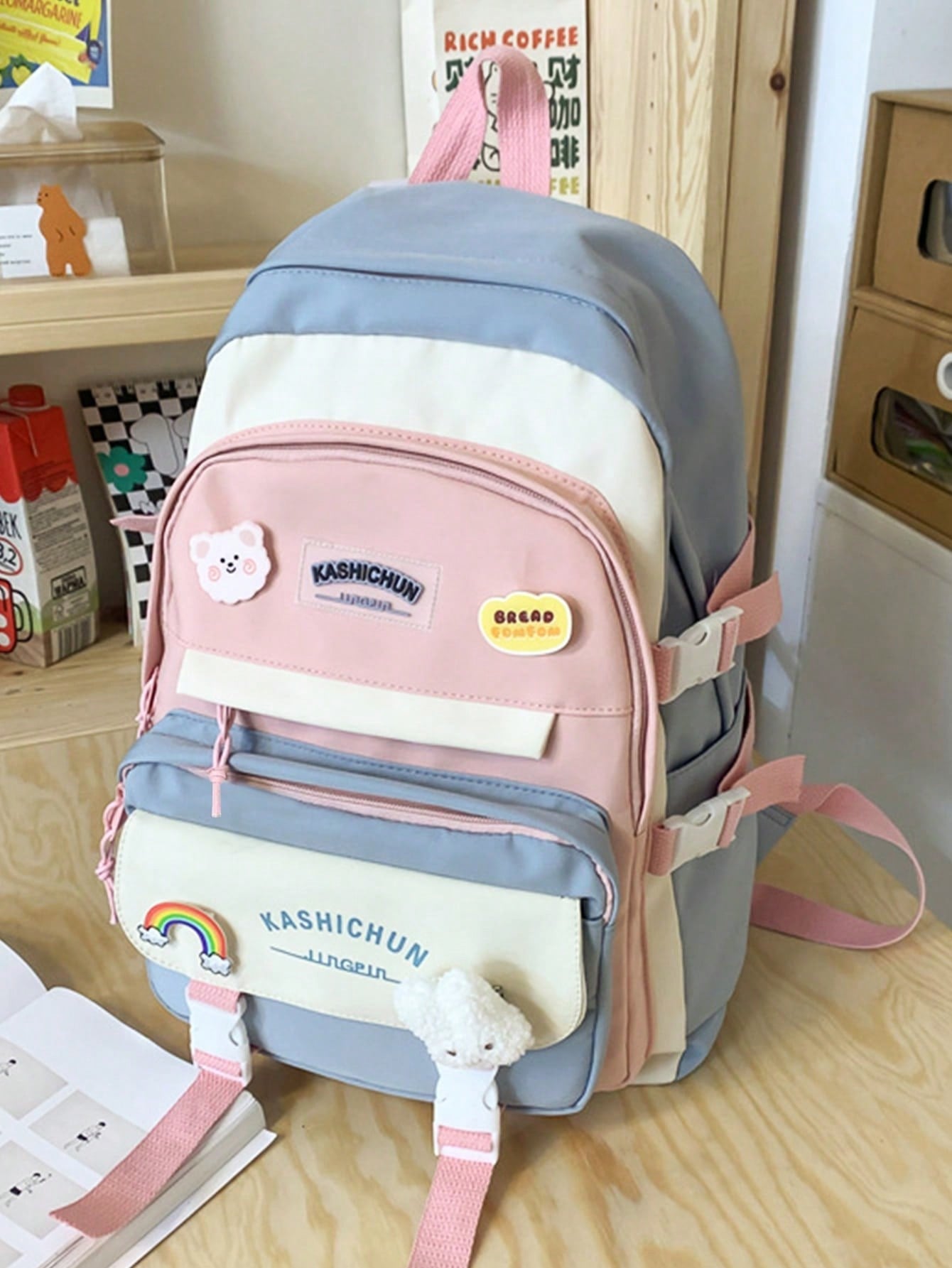 Cute Student Schoolbag, Large Capacity Zipper Simple Schoolbag With Bear Schoolbag For Elementary Students Female Middle School Students High School Students Large Capacity Shoulder Schoolbag Fashion Casual Campus Pairing Computer Schoolbag Female School