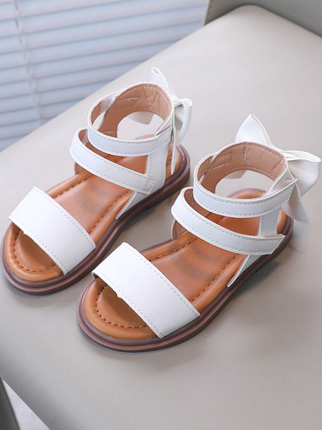 1pair Girls' Pu High Top Flat Sandals With Bowknot Decor, Suitable For Summer