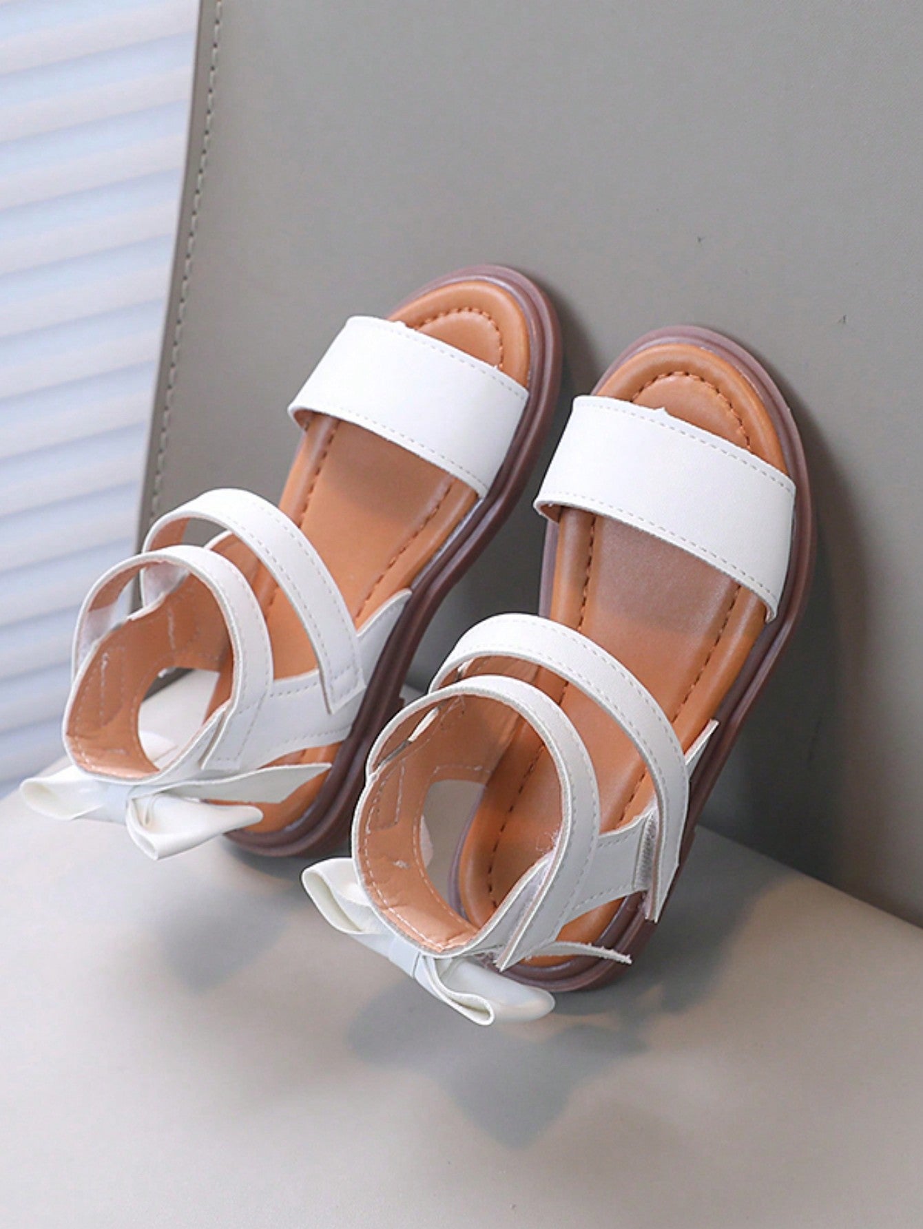 1pair Girls' Pu High Top Flat Sandals With Bowknot Decor, Suitable For Summer