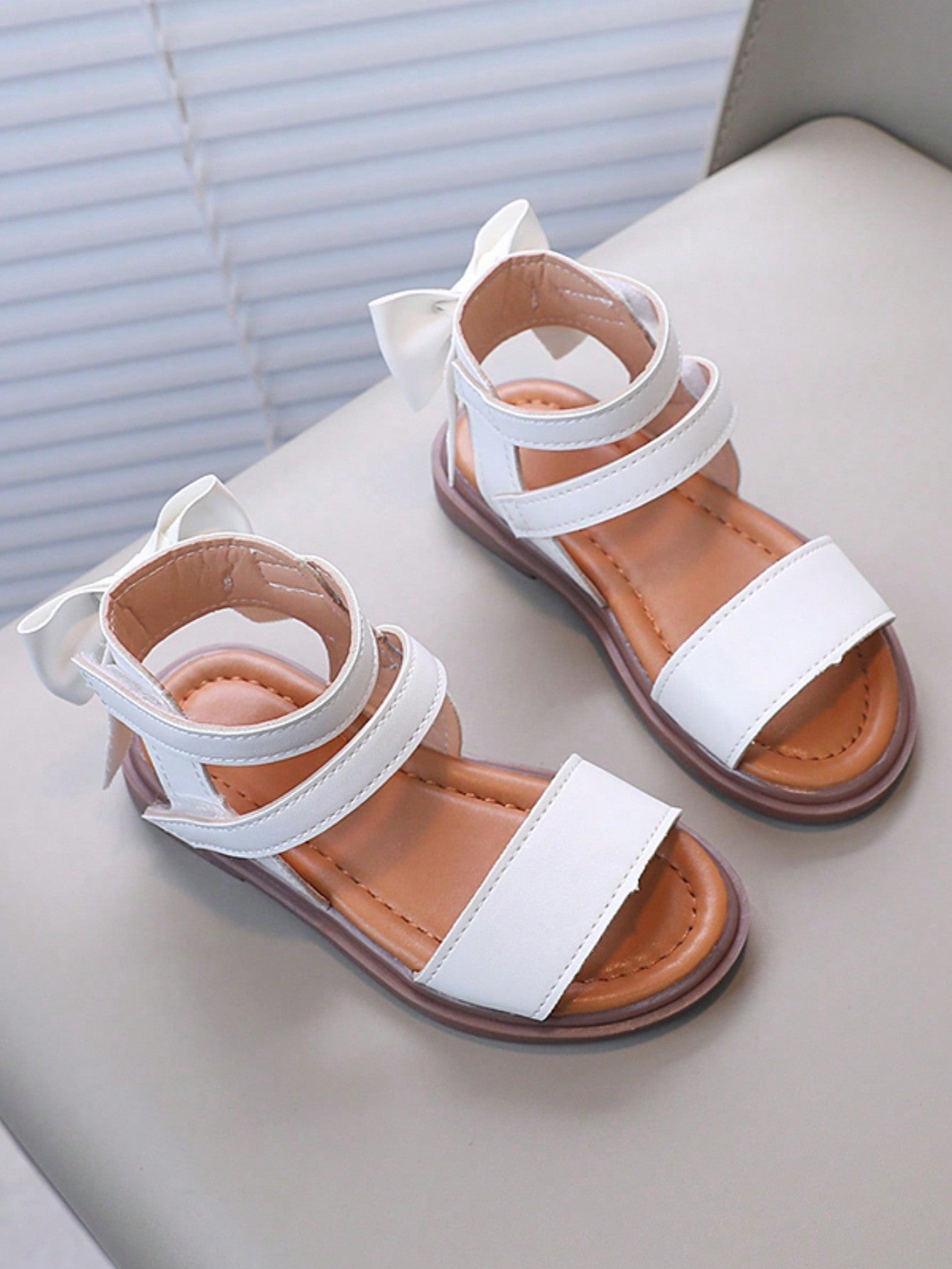 1pair Girls' Pu High Top Flat Sandals With Bowknot Decor, Suitable For Summer