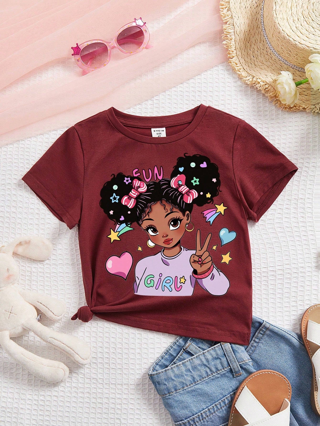 Casual Cartoon Pattern Short Sleeve T-Shirt For Cool, Cute And Young Girls, Suitable For Summer