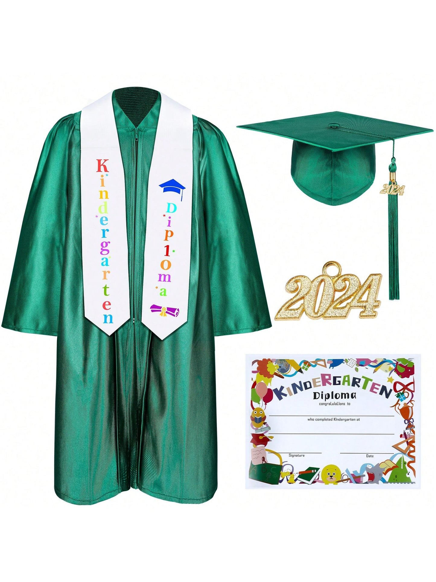 Kindergarten Graduation Gown  Cap Tassel Set 2024 With Charms Graduation Sash For Kid Preschool Kindergarten