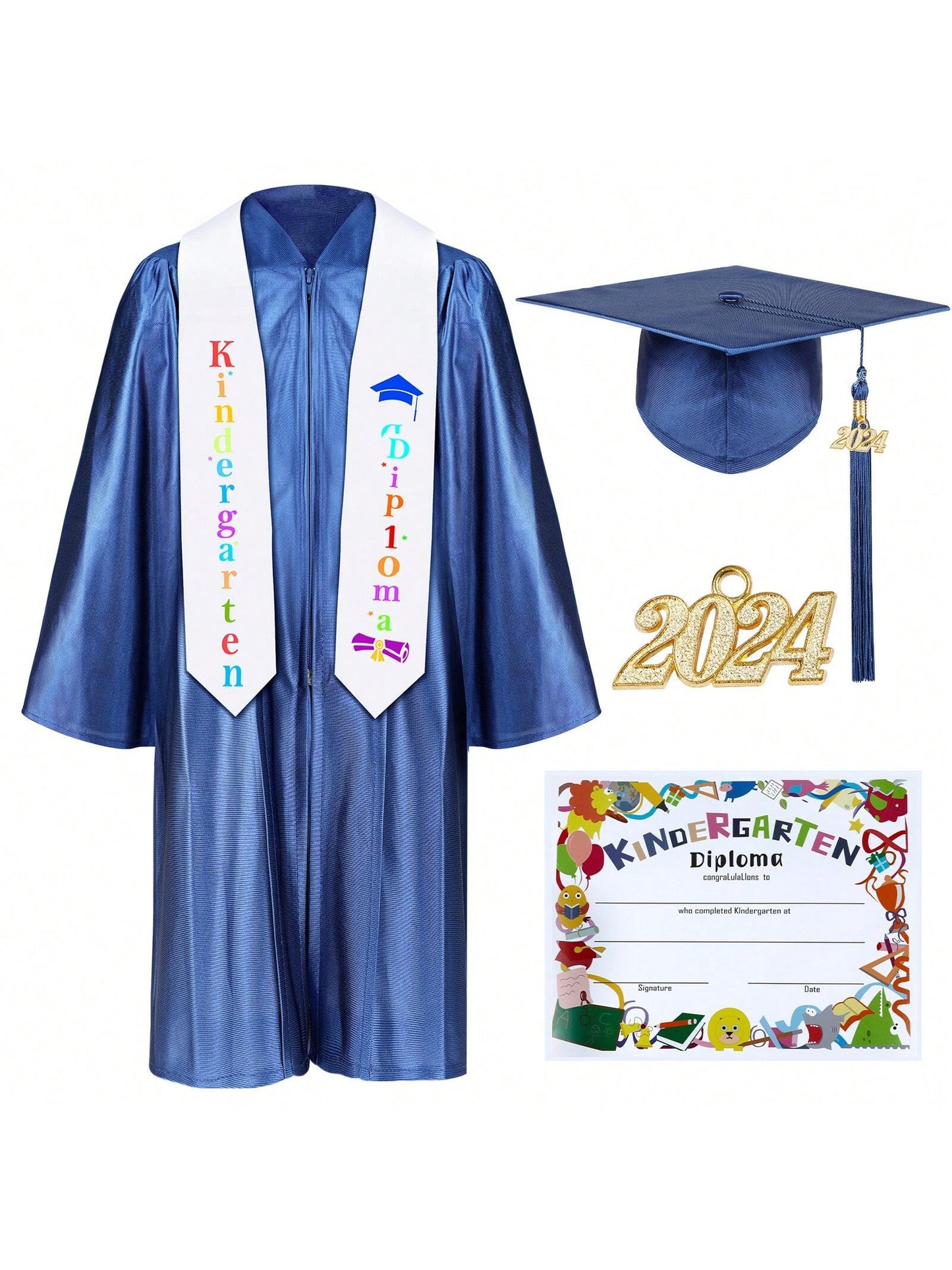 Kindergarten Graduation Gown  Cap Tassel Set 2024 With Charms Graduation Sash For Kid Preschool Kindergarten