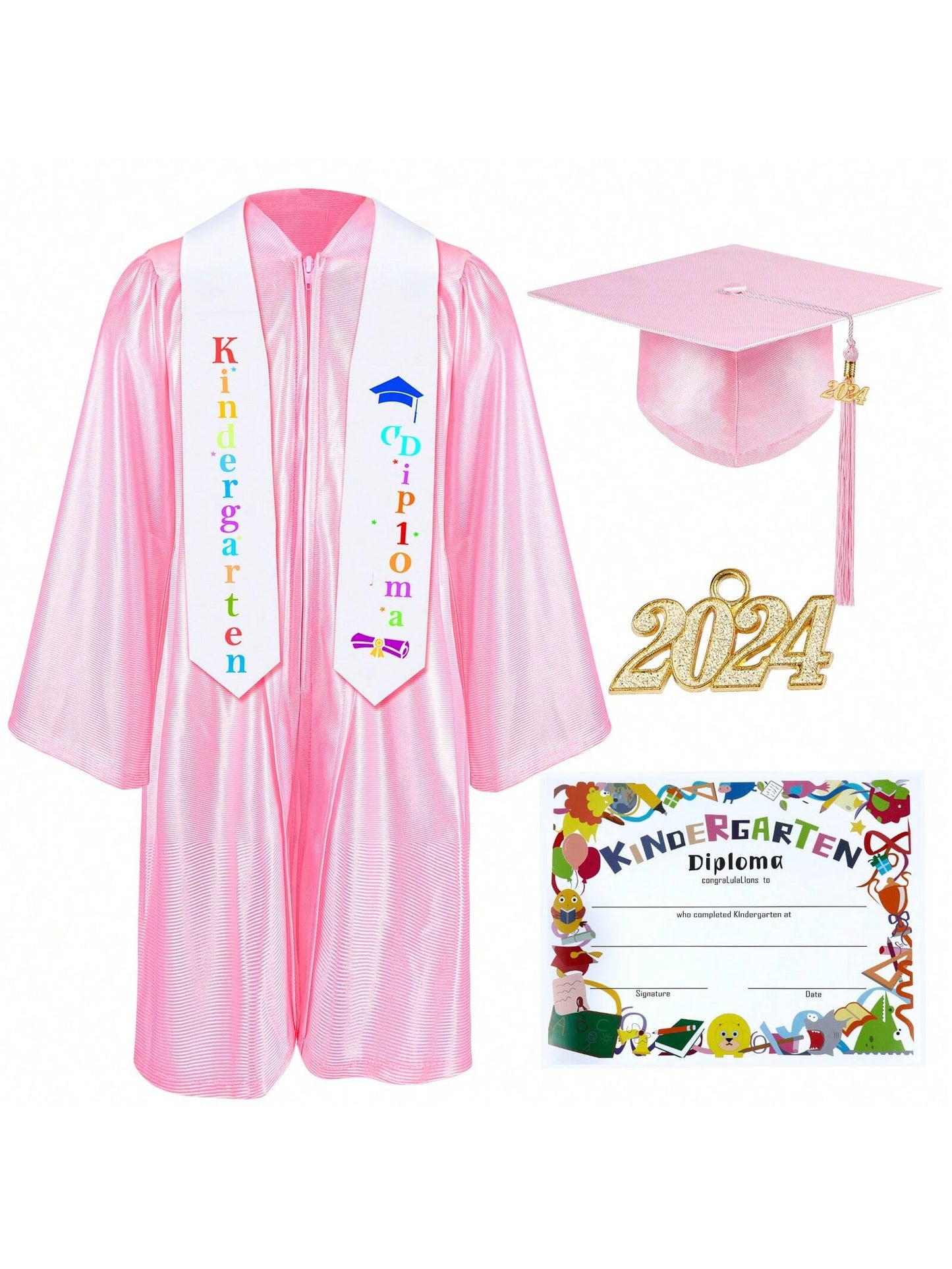 Kindergarten Graduation Gown  Cap Tassel Set 2024 With Charms Graduation Sash For Kid Preschool Kindergarten