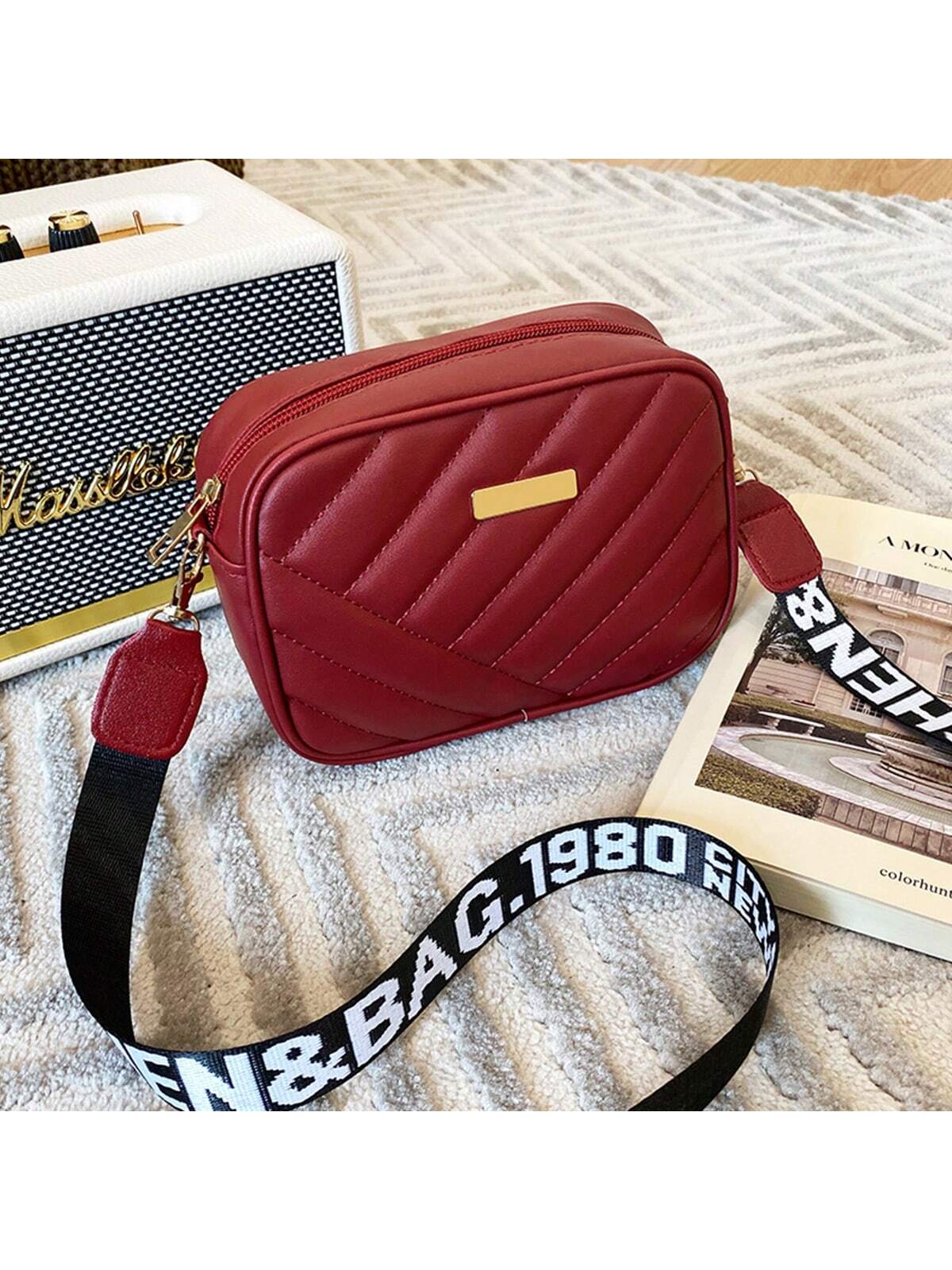 Quilted Square Crossbody Bag, Classic Metal Decor Zipper Purse, Women's Faux Leather Shoulder Bag