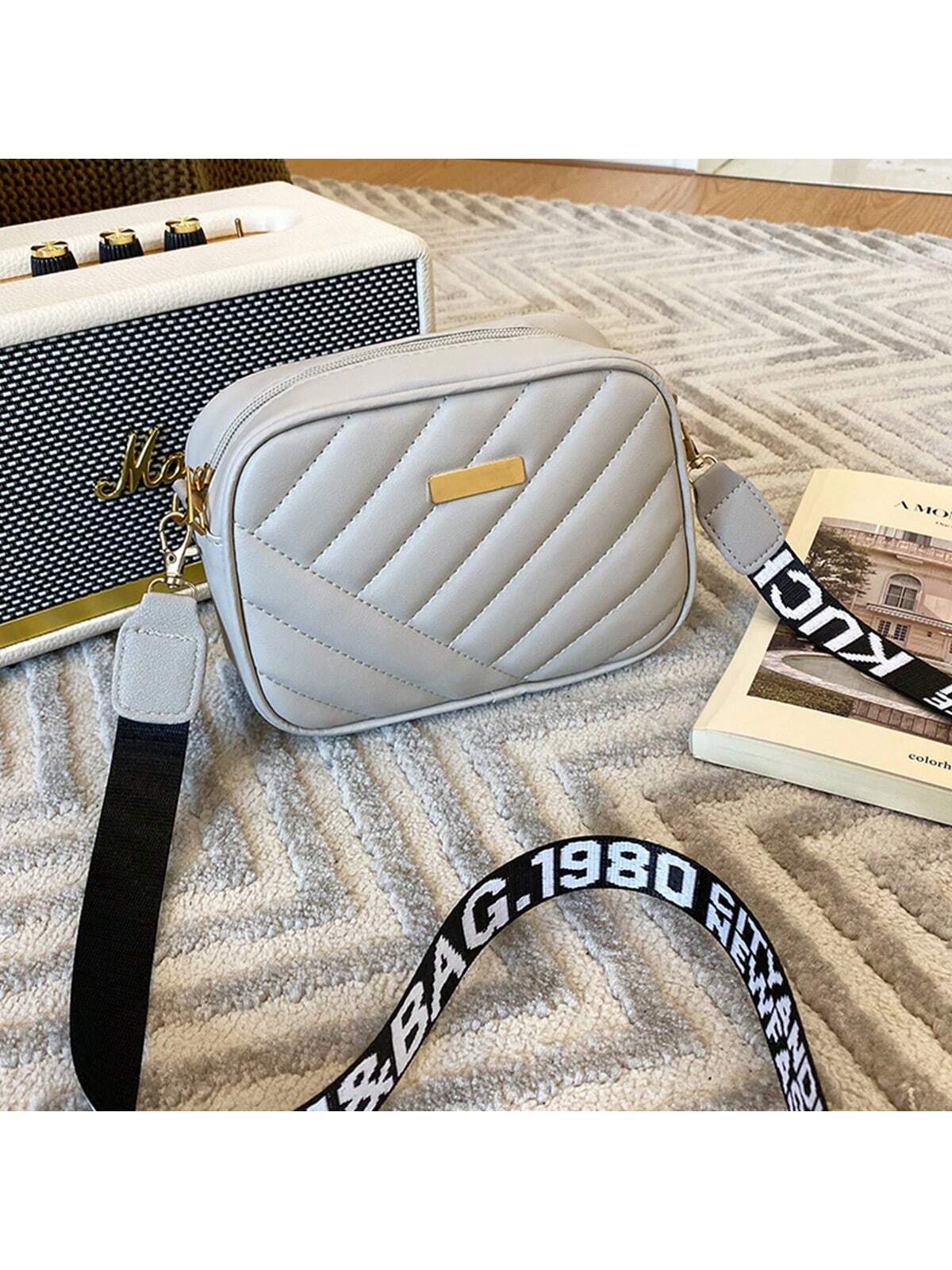 Quilted Square Crossbody Bag, Classic Metal Decor Zipper Purse, Women's Faux Leather Shoulder Bag