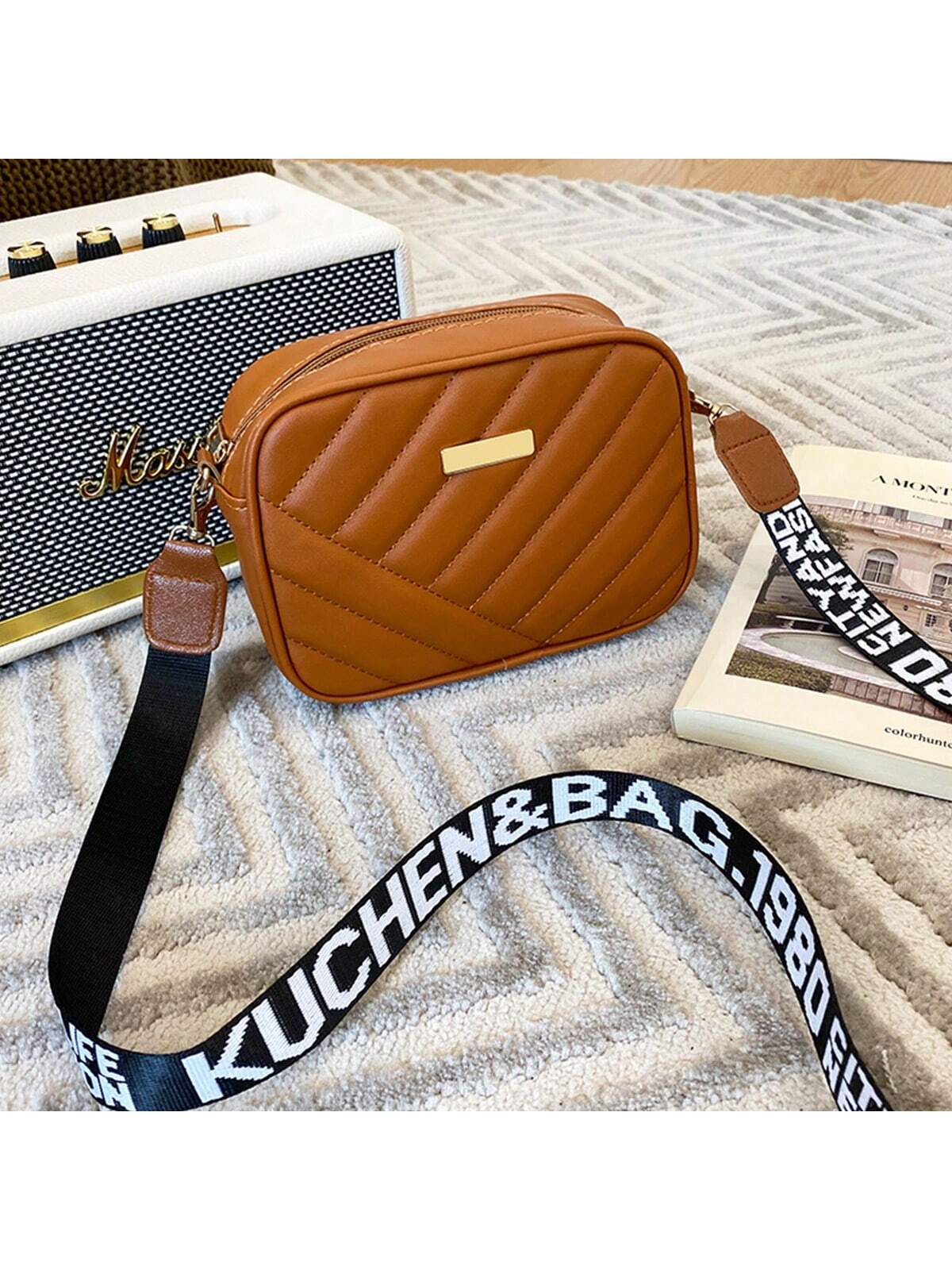 Quilted Square Crossbody Bag, Classic Metal Decor Zipper Purse, Women's Faux Leather Shoulder Bag