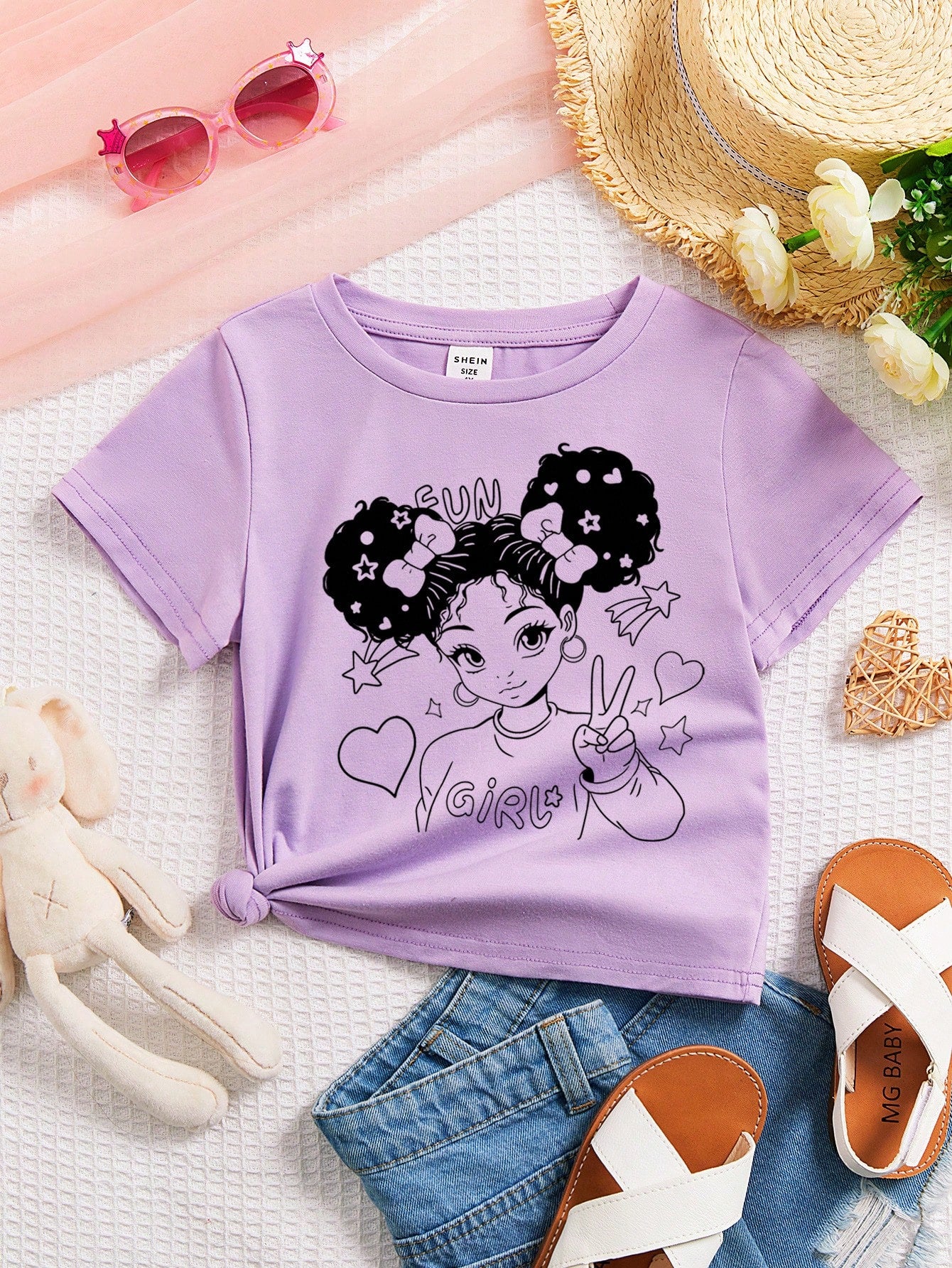 Casual Cartoon Pattern Short Sleeve T-Shirt For Cool, Cute And Young Girls, Suitable For Summer