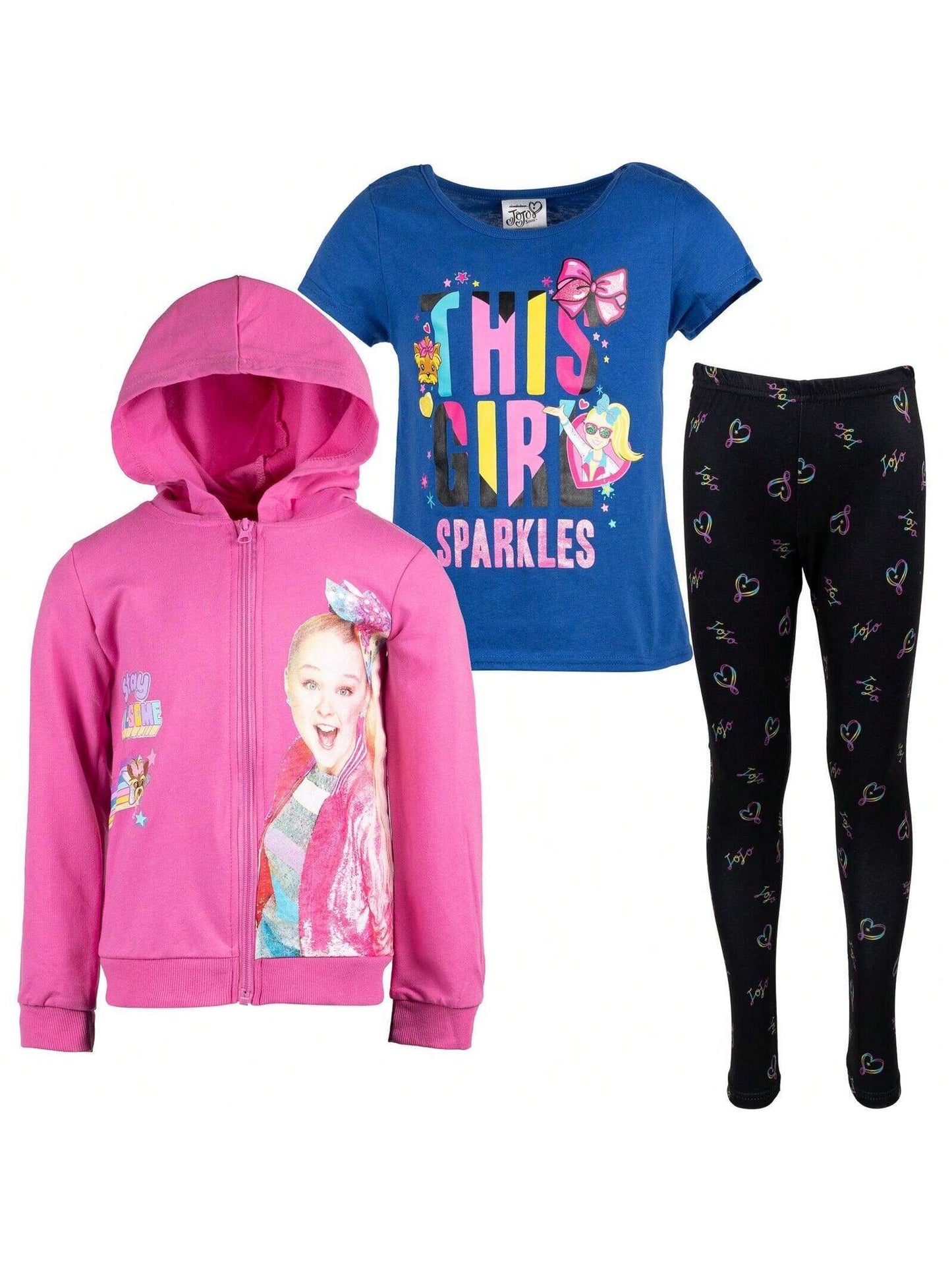 JoJo Siwa Zip Up French Terry Hoodie T-Shirt And Leggings 3 Piece Outfit Set