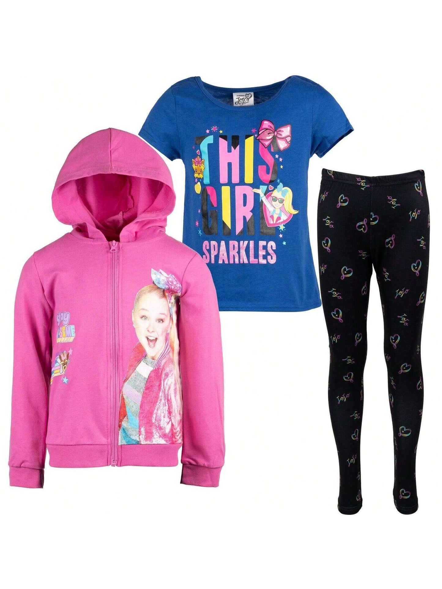 JoJo Siwa Zip Up French Terry Hoodie T-Shirt And Leggings 3 Piece Outfit Set
