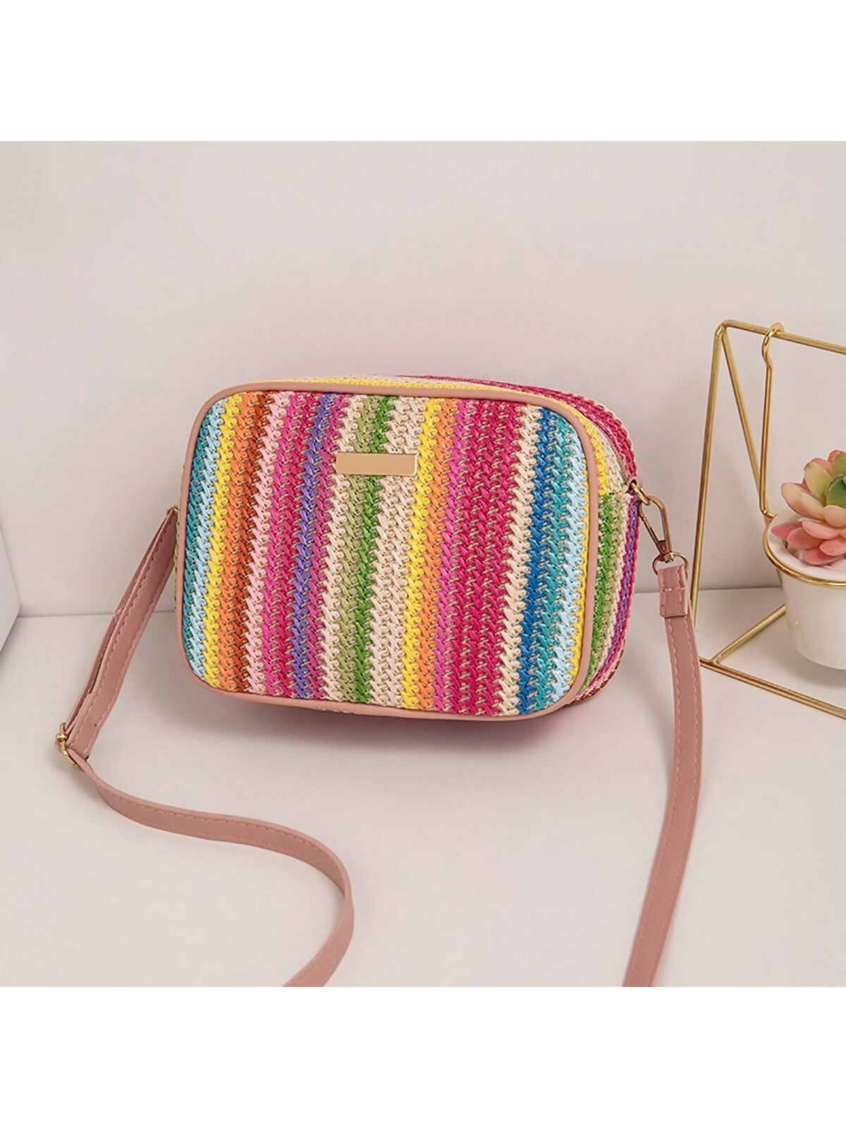 Quilted Square Crossbody Bag, Classic Metal Decor Zipper Purse, Women's Faux Leather Shoulder Bag
