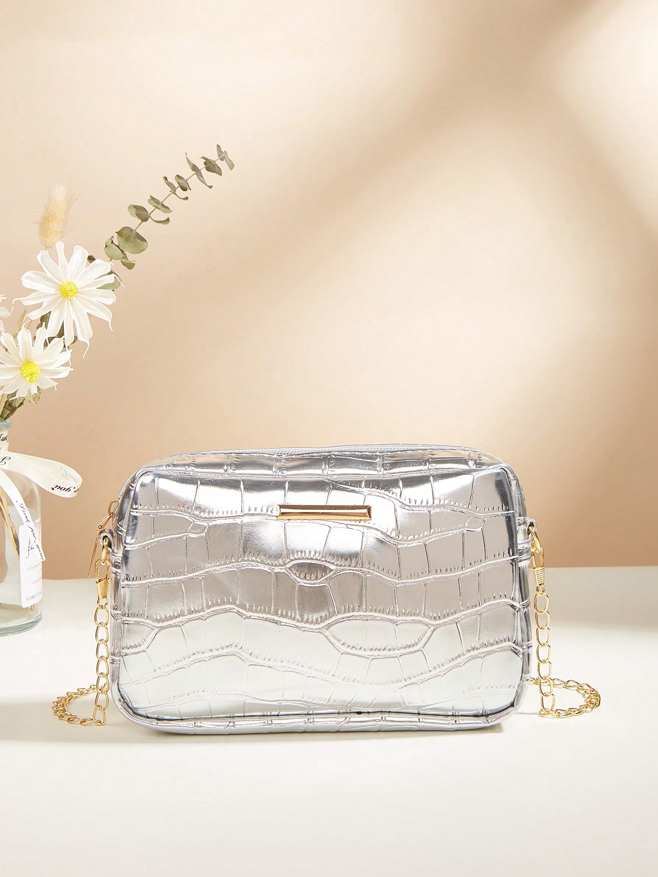 Quilted Square Crossbody Bag, Classic Metal Decor Zipper Purse, Women's Faux Leather Shoulder Bag