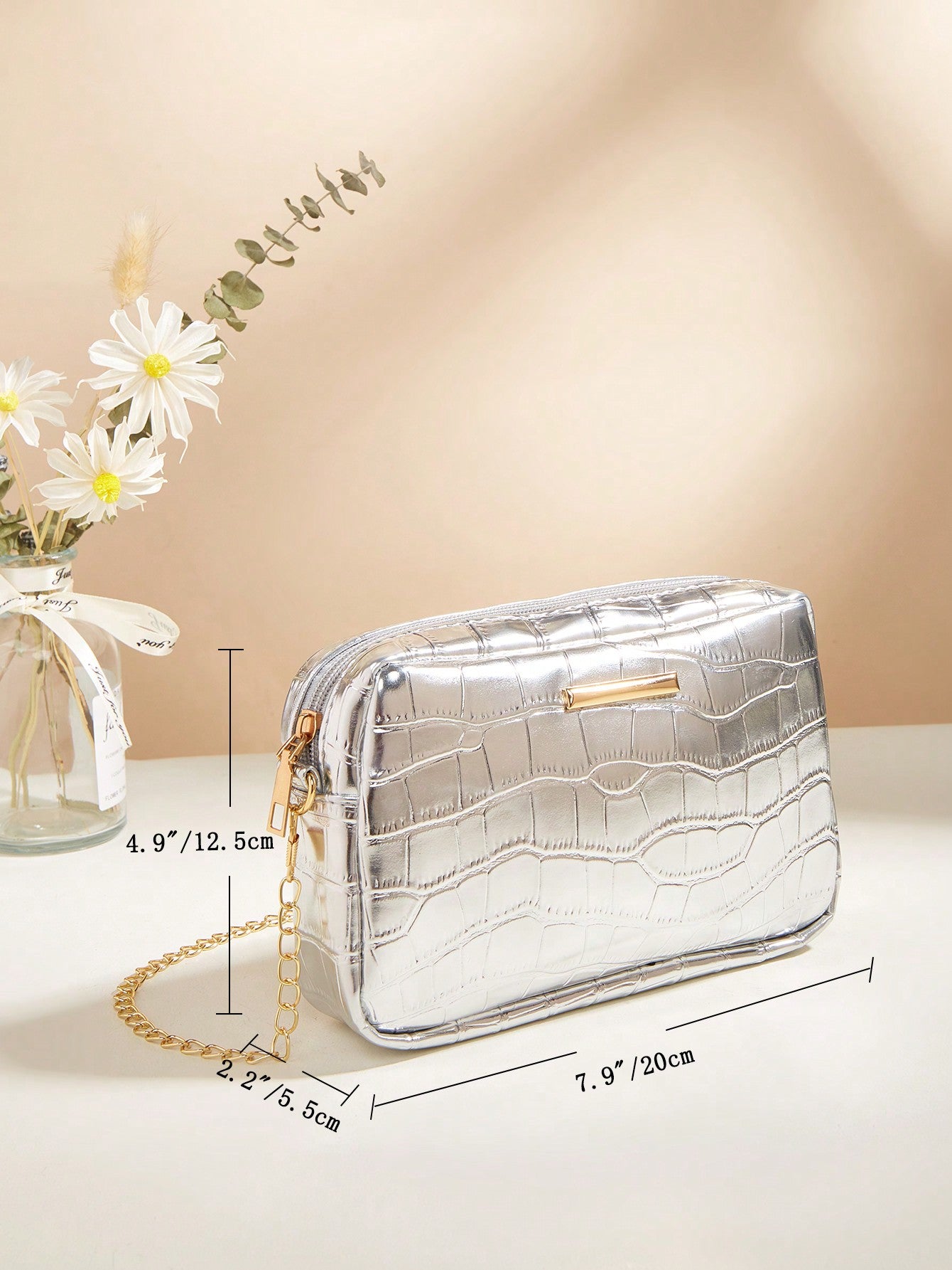 Quilted Square Crossbody Bag, Classic Metal Decor Zipper Purse, Women's Faux Leather Shoulder Bag