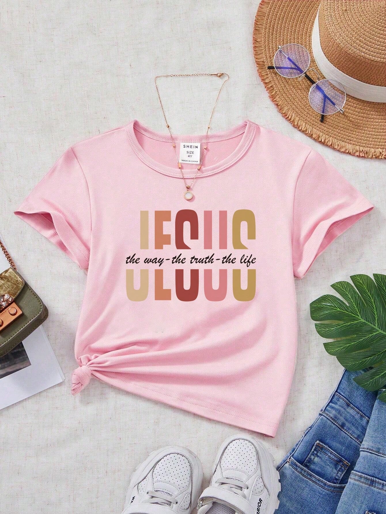 Young Girl's Fashionable Christian Jesus & Letter Printed Short Sleeve T-Shirt For Casual Wear, Sold Separately Or As Part Of Family Matching Outfits (Mommy And Me - 3 Pieces Sold Separately)
