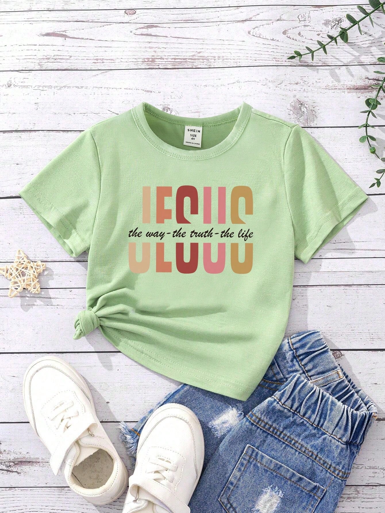 Young Girl's Fashionable Christian Jesus & Letter Printed Short Sleeve T-Shirt For Casual Wear, Sold Separately Or As Part Of Family Matching Outfits (Mommy And Me - 3 Pieces Sold Separately)