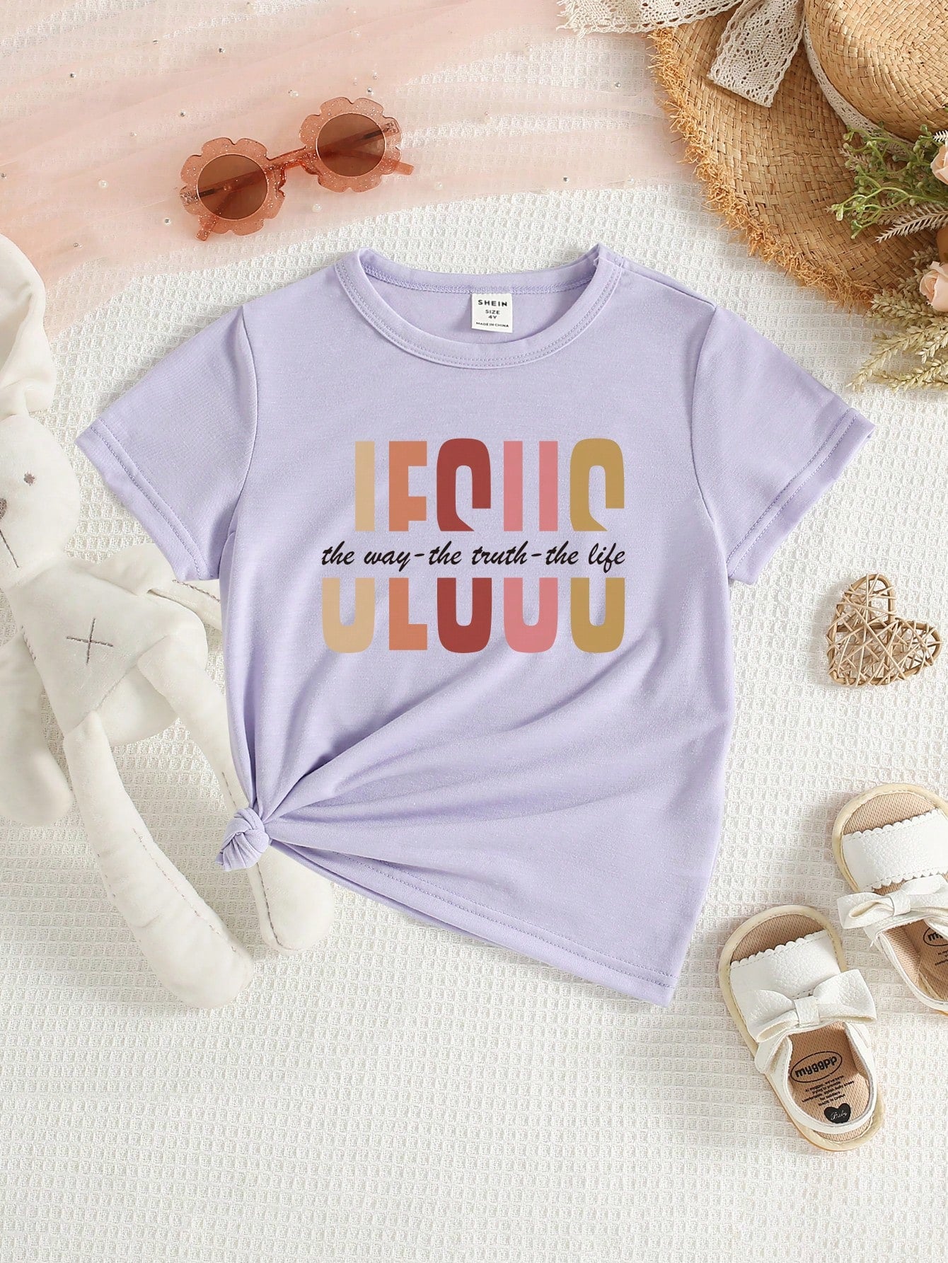 Young Girl's Fashionable Christian Jesus & Letter Printed Short Sleeve T-Shirt For Casual Wear, Sold Separately Or As Part Of Family Matching Outfits (Mommy And Me - 3 Pieces Sold Separately)