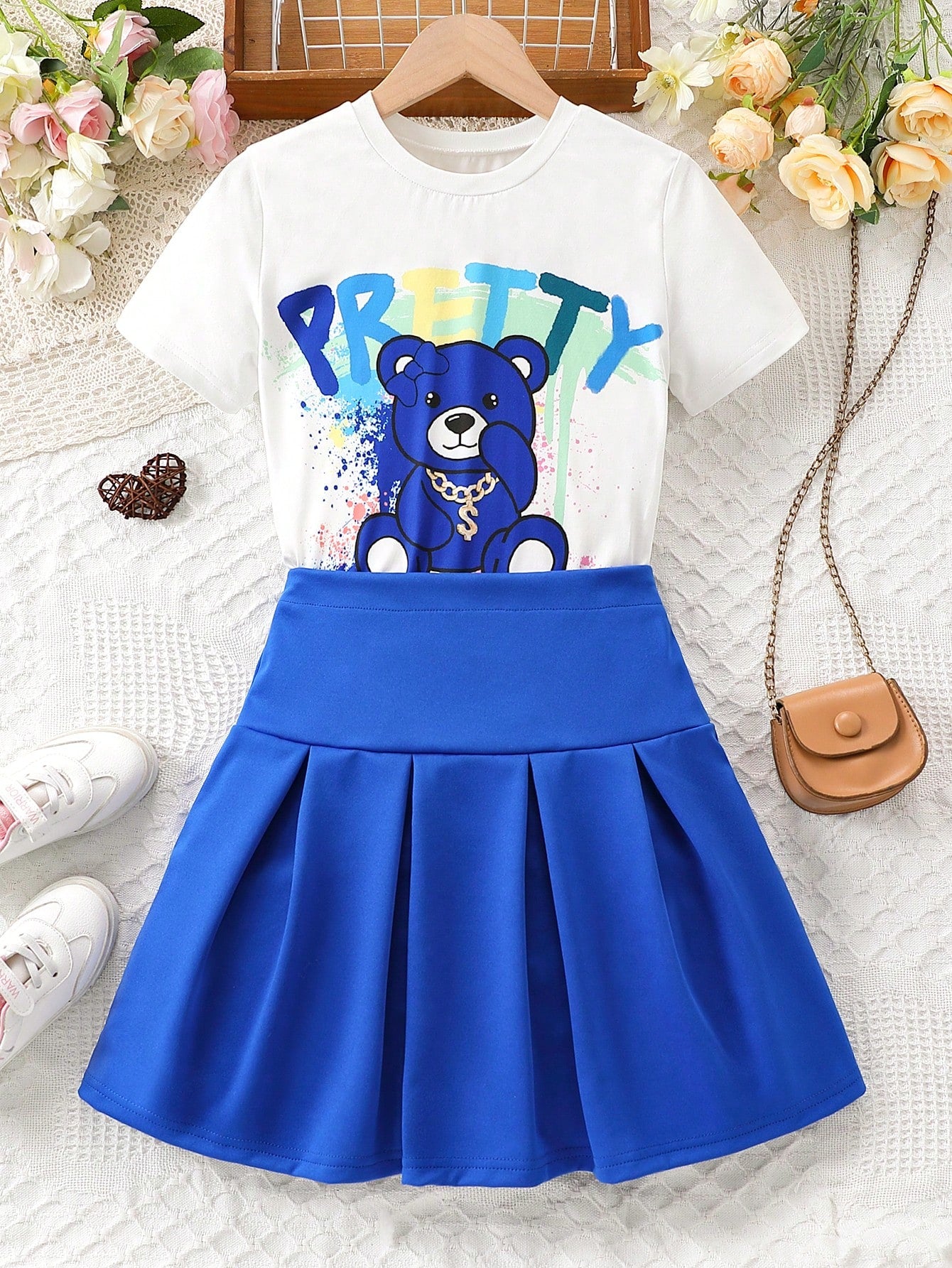 2pcs/Set Tween Girls' Street Wear Summer Short Sleeve T-Shirt With Letter & Cartoon Bear Print And Pleated Skirt
