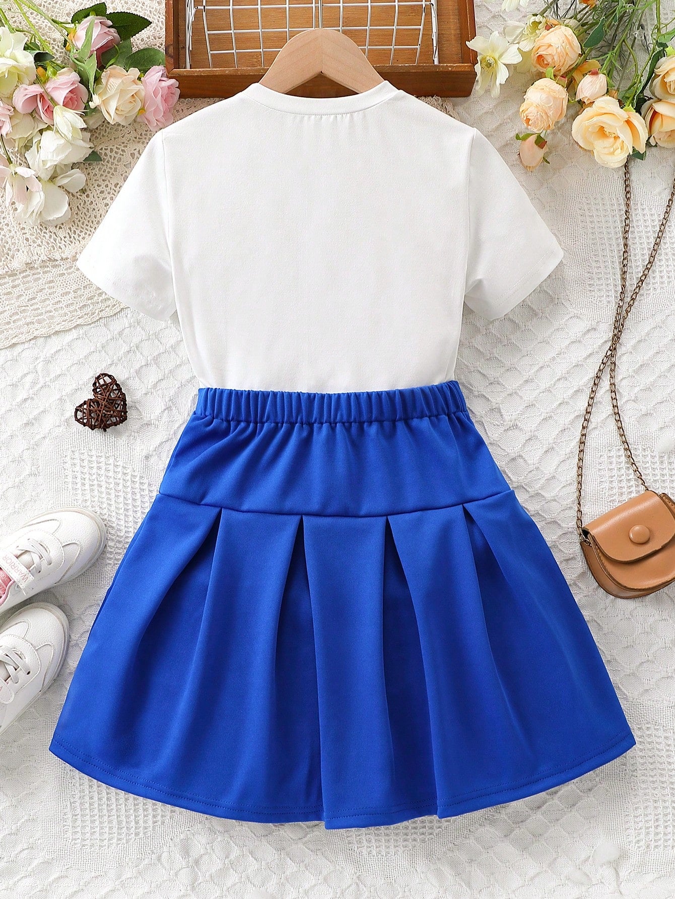 2pcs/Set Tween Girls' Street Wear Summer Short Sleeve T-Shirt With Letter & Cartoon Bear Print And Pleated Skirt