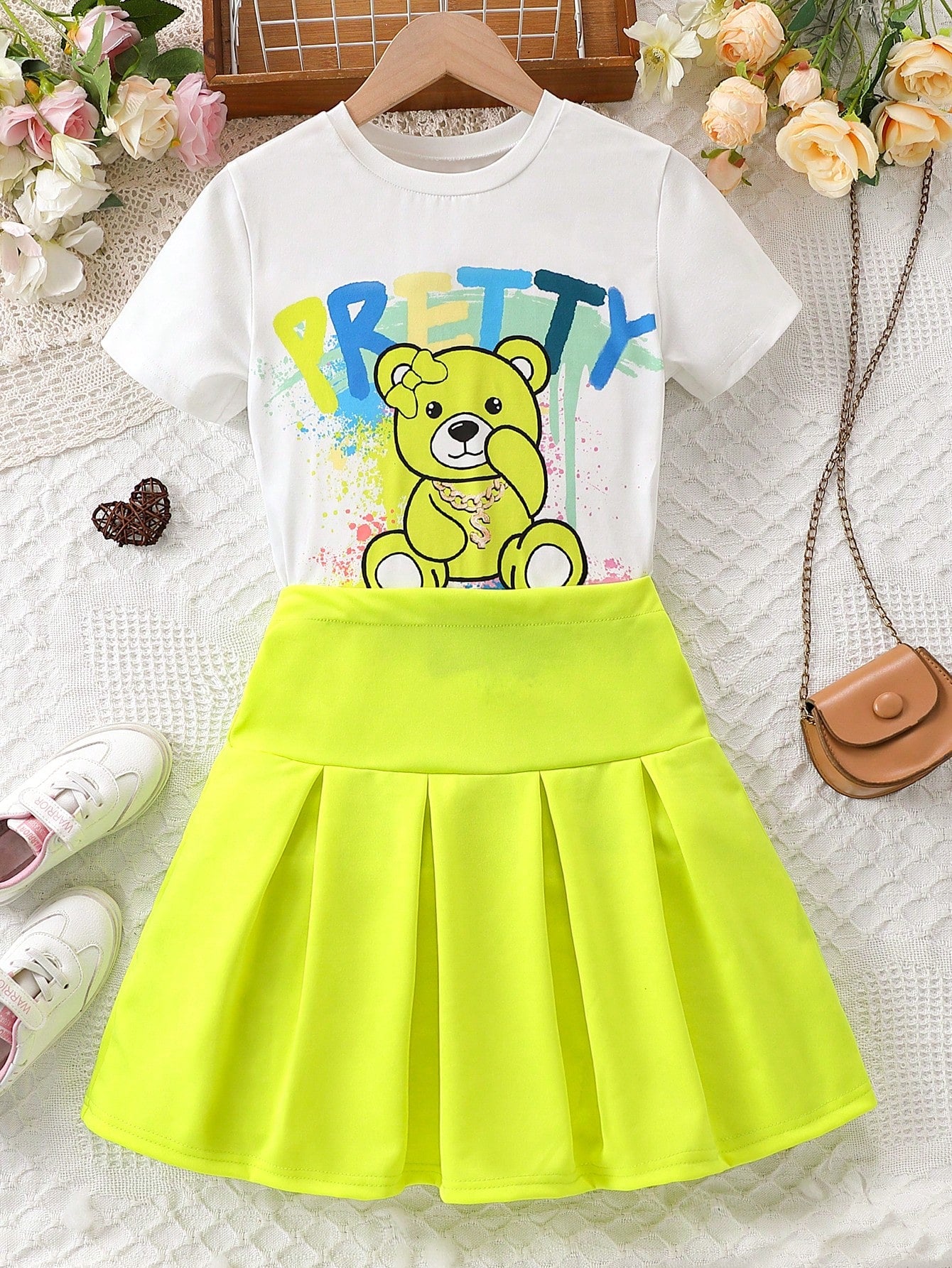 2pcs/Set Tween Girls' Street Wear Summer Short Sleeve T-Shirt With Letter & Cartoon Bear Print And Pleated Skirt
