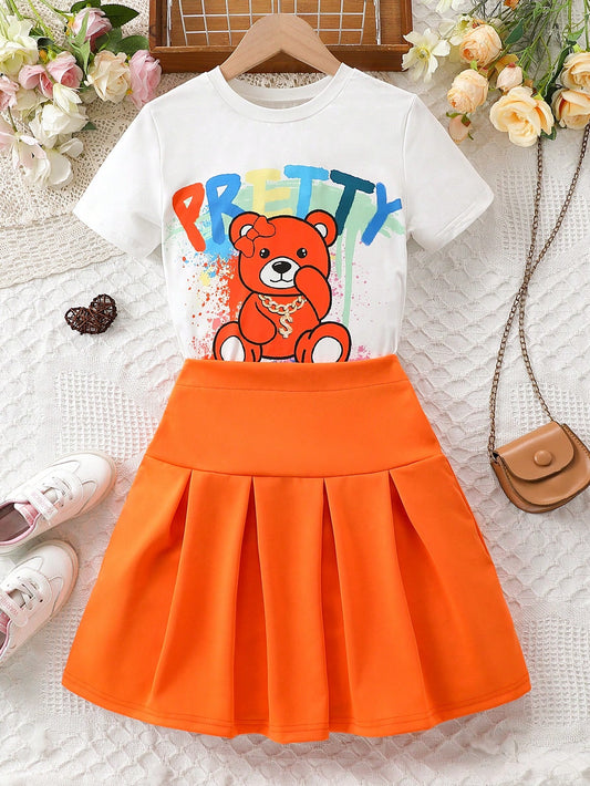 2pcs/Set Tween Girls' Street Wear Summer Short Sleeve T-Shirt With Letter & Cartoon Bear Print And Pleated Skirt