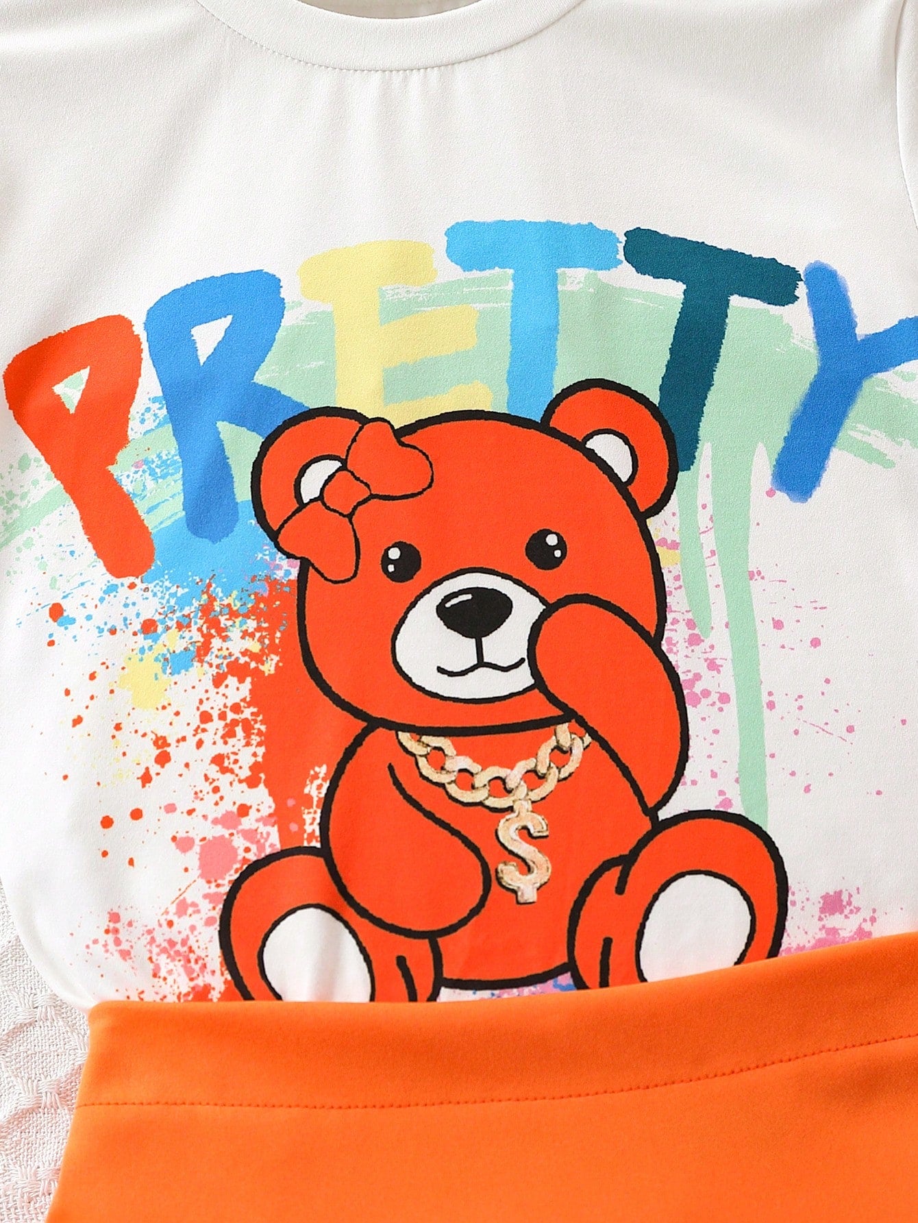 2pcs/Set Tween Girls' Street Wear Summer Short Sleeve T-Shirt With Letter & Cartoon Bear Print And Pleated Skirt