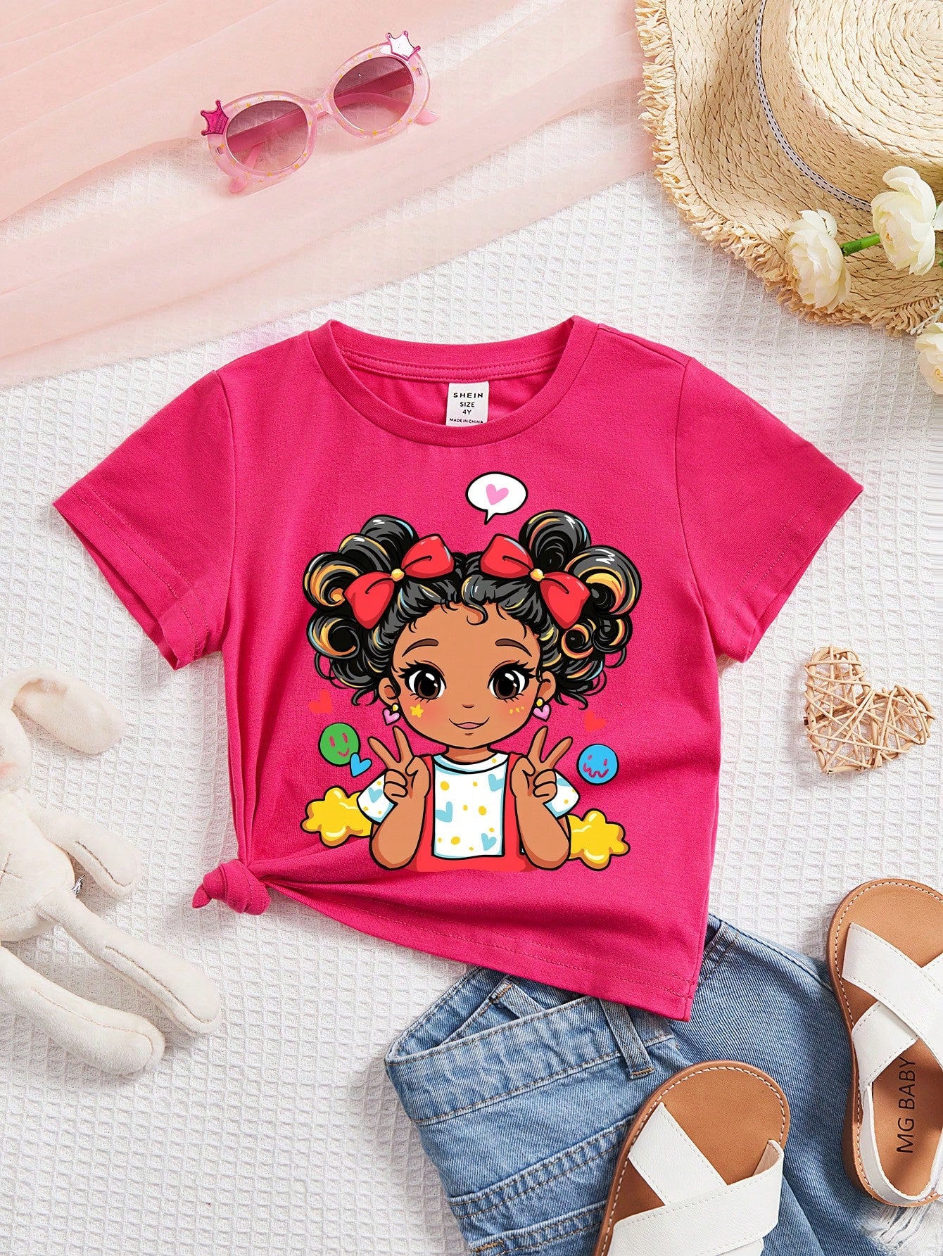 Casual Cartoon Pattern Short Sleeve T-Shirt For Cool, Cute And Young Girls, Suitable For Summer