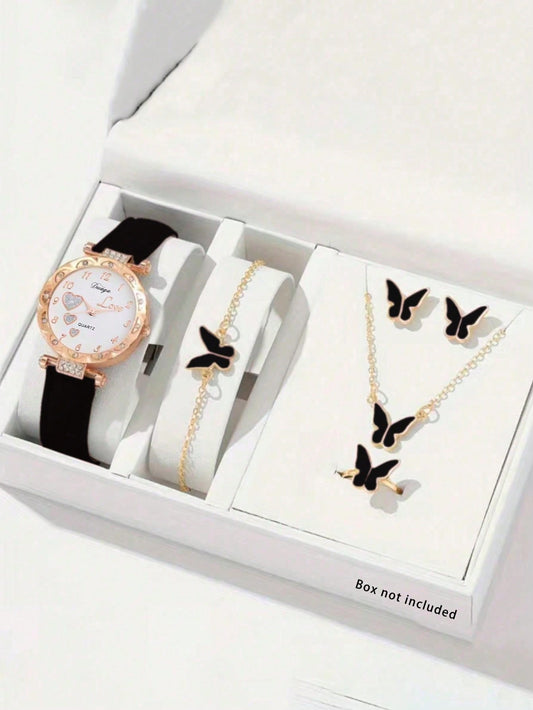6pcs/Set Girls' Watch & Jewelry Gift Set With Rhinestone Quartz Watch And Butterfly Themed Jewelry, Perfect Gift For Kids