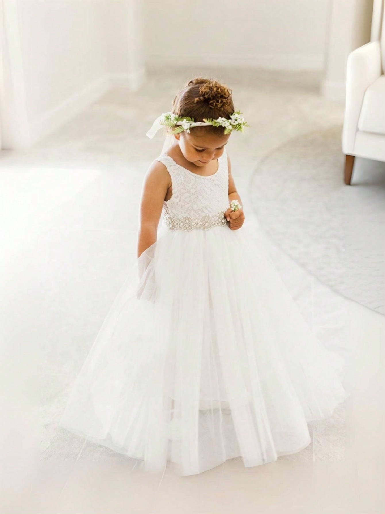 Girl Baby Toddler Vintage Lace V-Back Straight Tulle Tulle A-Line Sleeveless Full-Length Flower Girl Dress