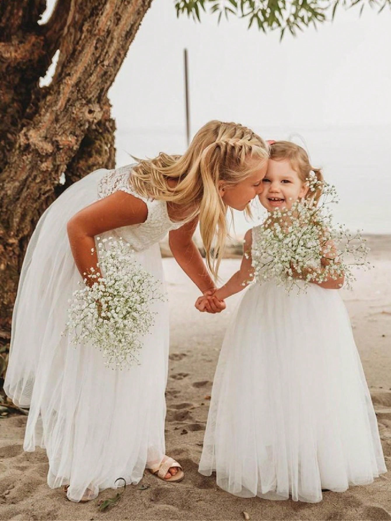 Girl Baby Toddler Vintage Lace V-Back Straight Tulle Tulle A-Line Sleeveless Full-Length Flower Girl Dress