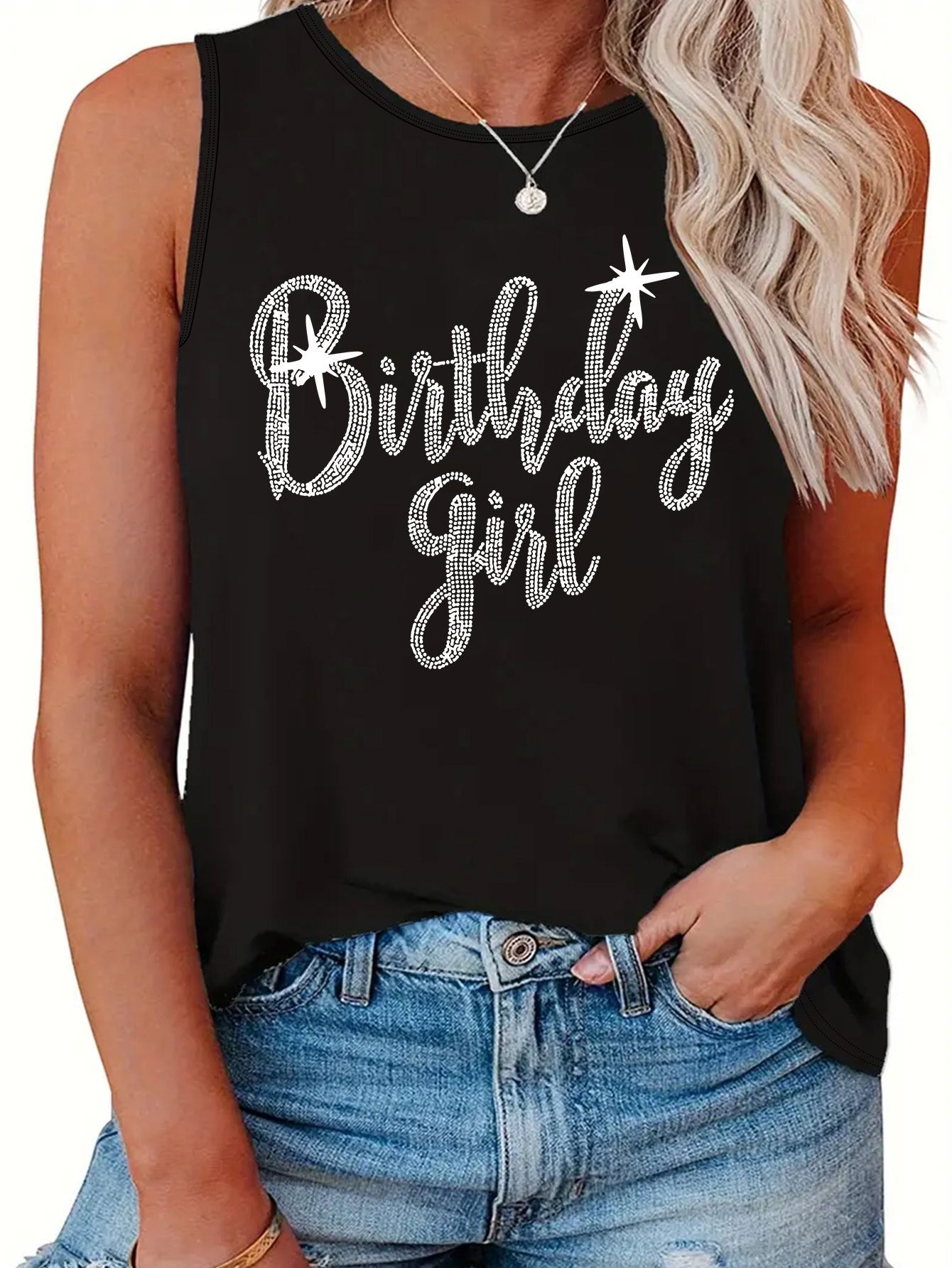 Plus Size Birthday Print Tank Top, Casual Crew Neck Sleeveless Tank Top For Summer, Women's Plus Size Clothing