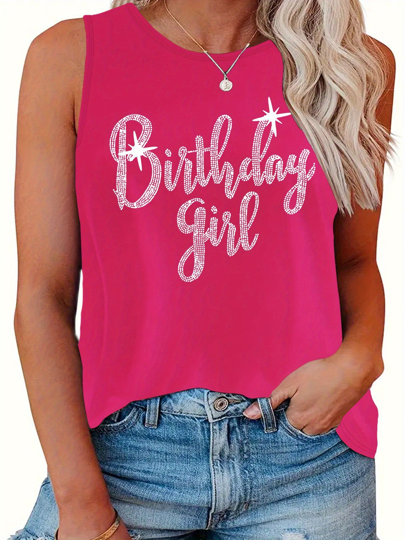 Plus Size Birthday Print Tank Top, Casual Crew Neck Sleeveless Tank Top For Summer, Women's Plus Size Clothing