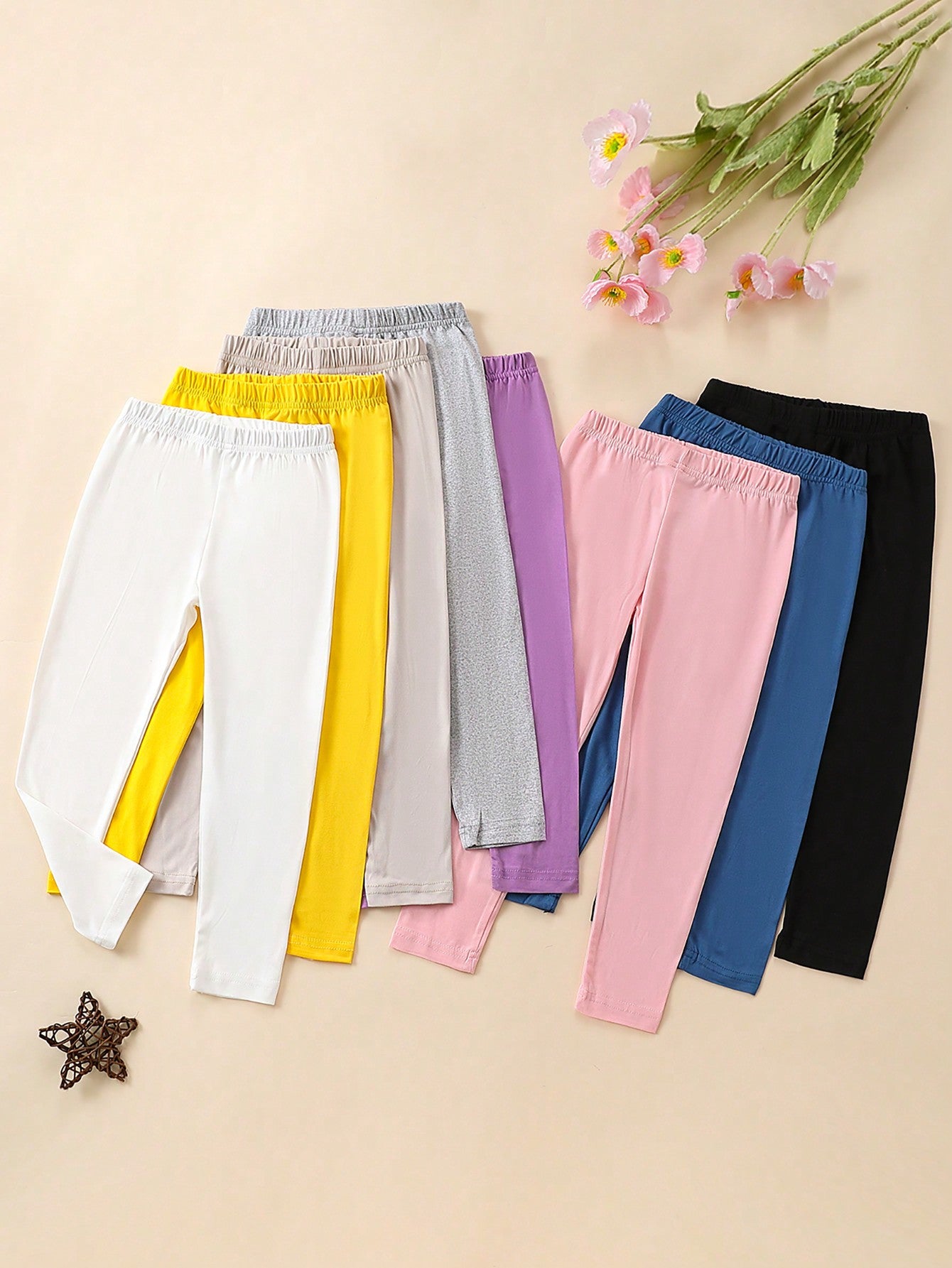 8pcs Young Girls' Simple Solid Color Stretchy High Waisted Long Leggings