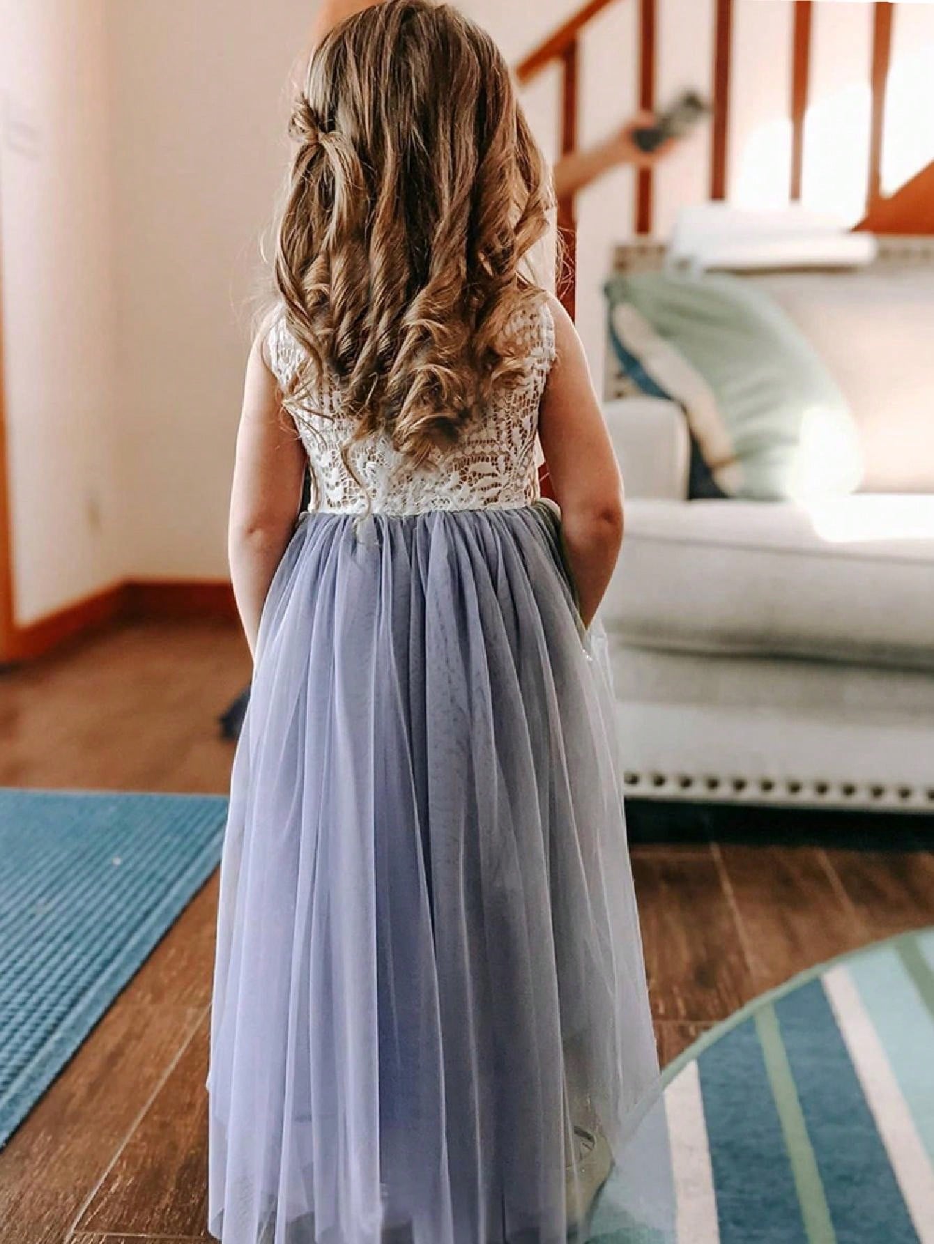 Girl Baby Toddler Vintage Lace V-Back Straight Tulle Tulle A-Line Sleeveless Full-Length Flower Girl Dress
