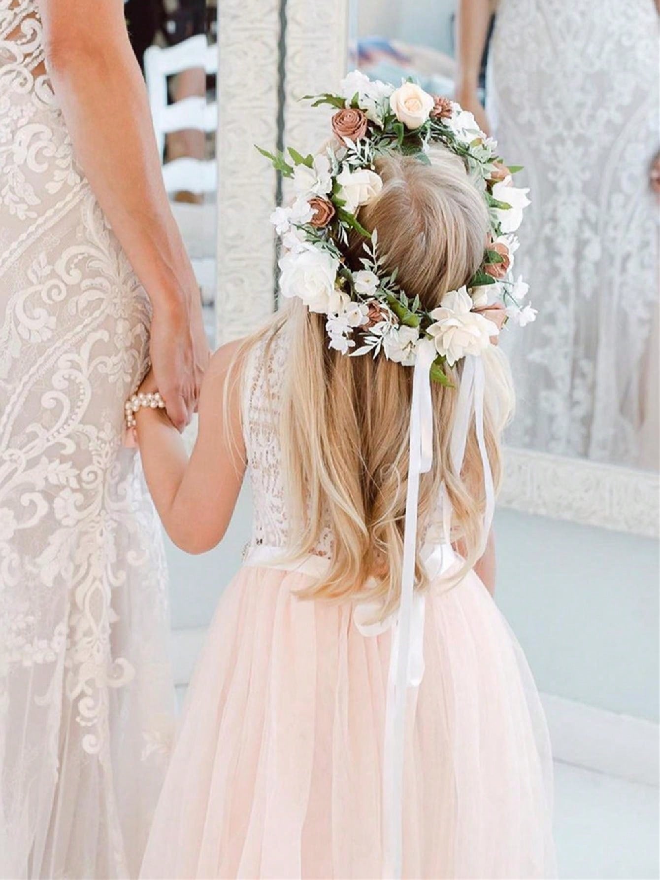Girl Baby Toddler Vintage Lace V-Back Straight Tulle Tulle A-Line Sleeveless Full-Length Flower Girl Dress