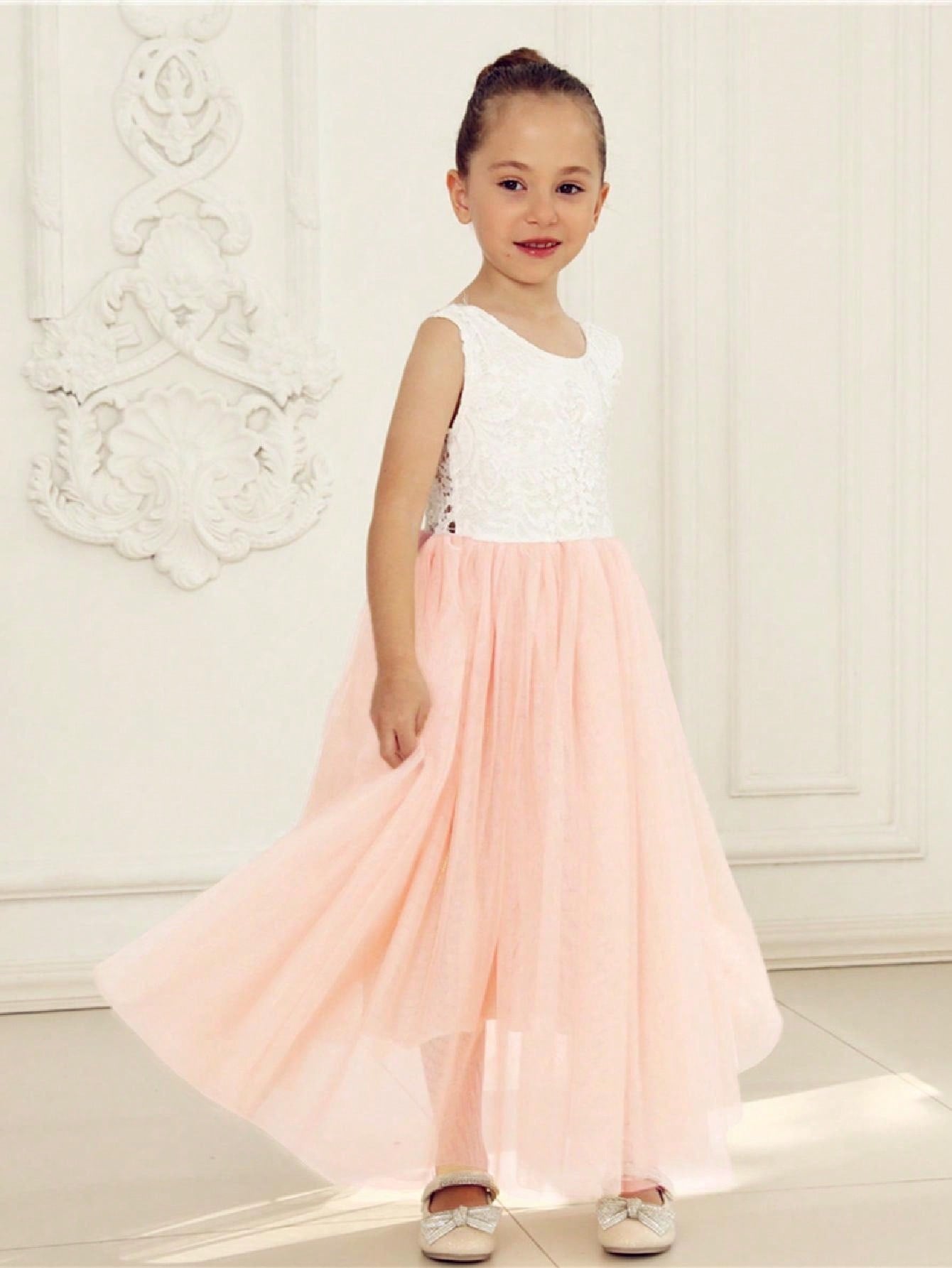 Girl Baby Toddler Vintage Lace V-Back Straight Tulle Tulle A-Line Sleeveless Full-Length Flower Girl Dress