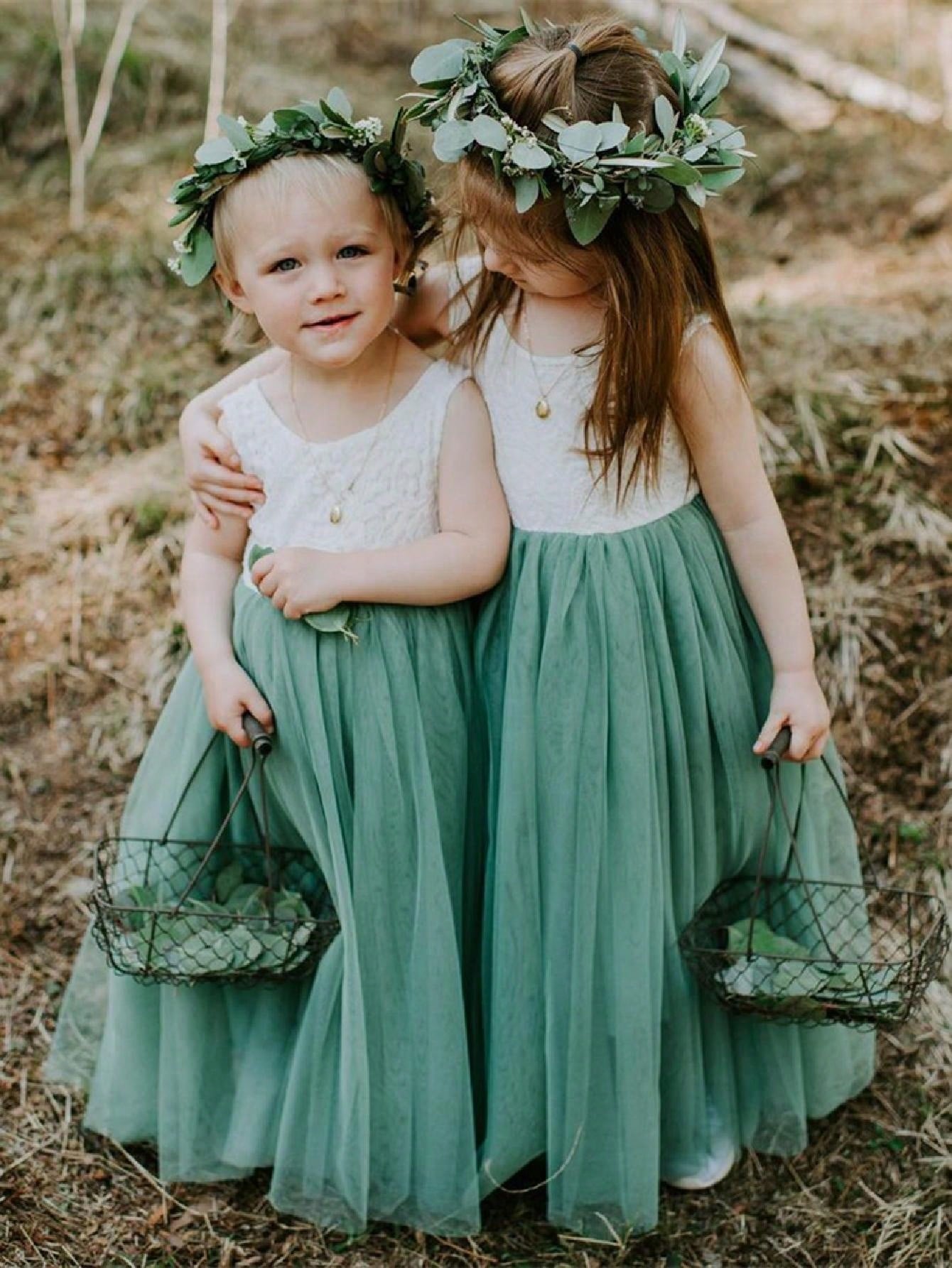 Girl Baby Toddler Vintage Lace V-Back Straight Tulle Tulle A-Line Sleeveless Full-Length Flower Girl Dress