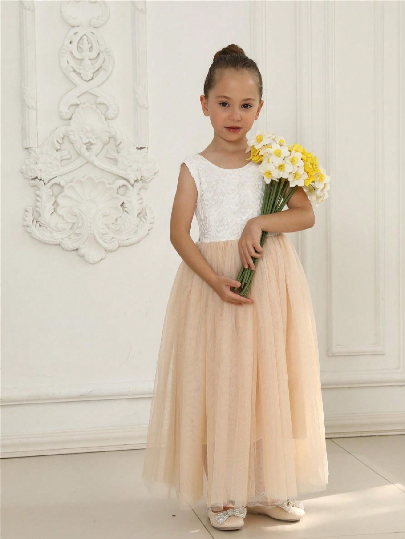 Girl Baby Toddler Vintage Lace V-Back Straight Tulle Tulle A-Line Sleeveless Full-Length Flower Girl Dress