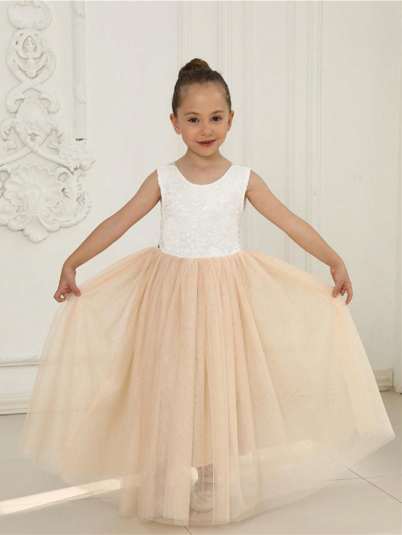 Girl Baby Toddler Vintage Lace V-Back Straight Tulle Tulle A-Line Sleeveless Full-Length Flower Girl Dress