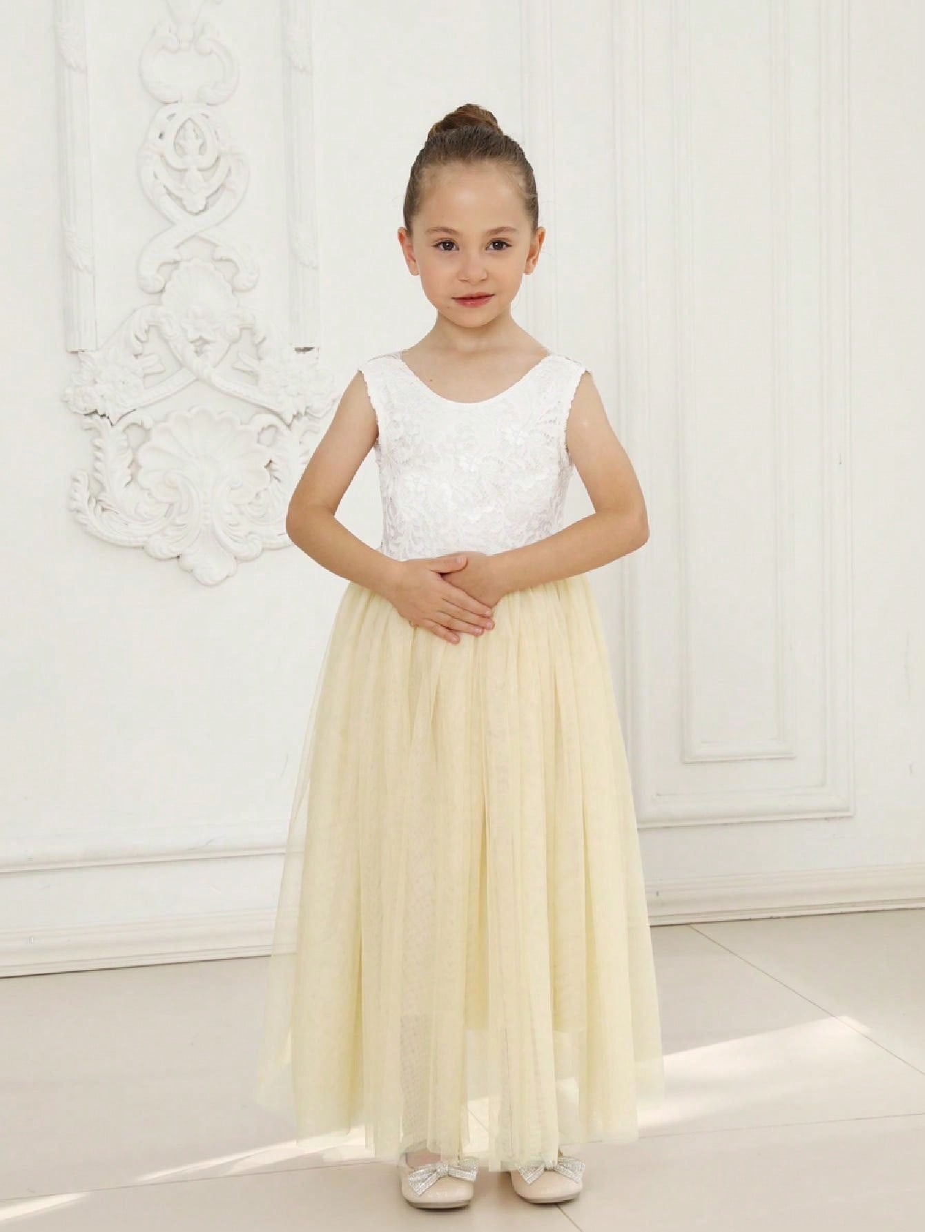 Girl Baby Toddler Vintage Lace V-Back Straight Tulle Tulle A-Line Sleeveless Full-Length Flower Girl Dress