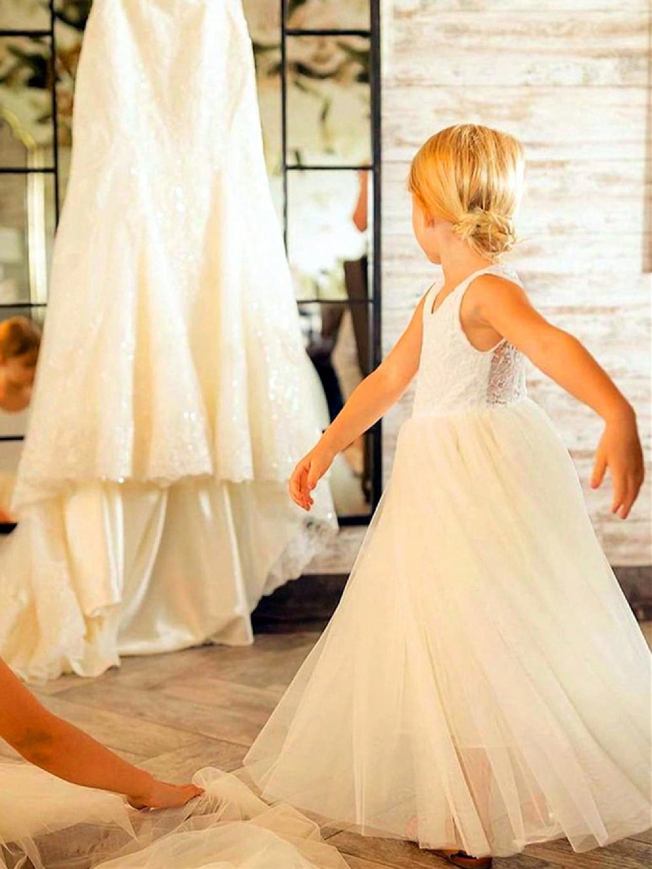 Girl Baby Toddler Vintage Lace V-Back Straight Tulle Tulle A-Line Sleeveless Full-Length Flower Girl Dress
