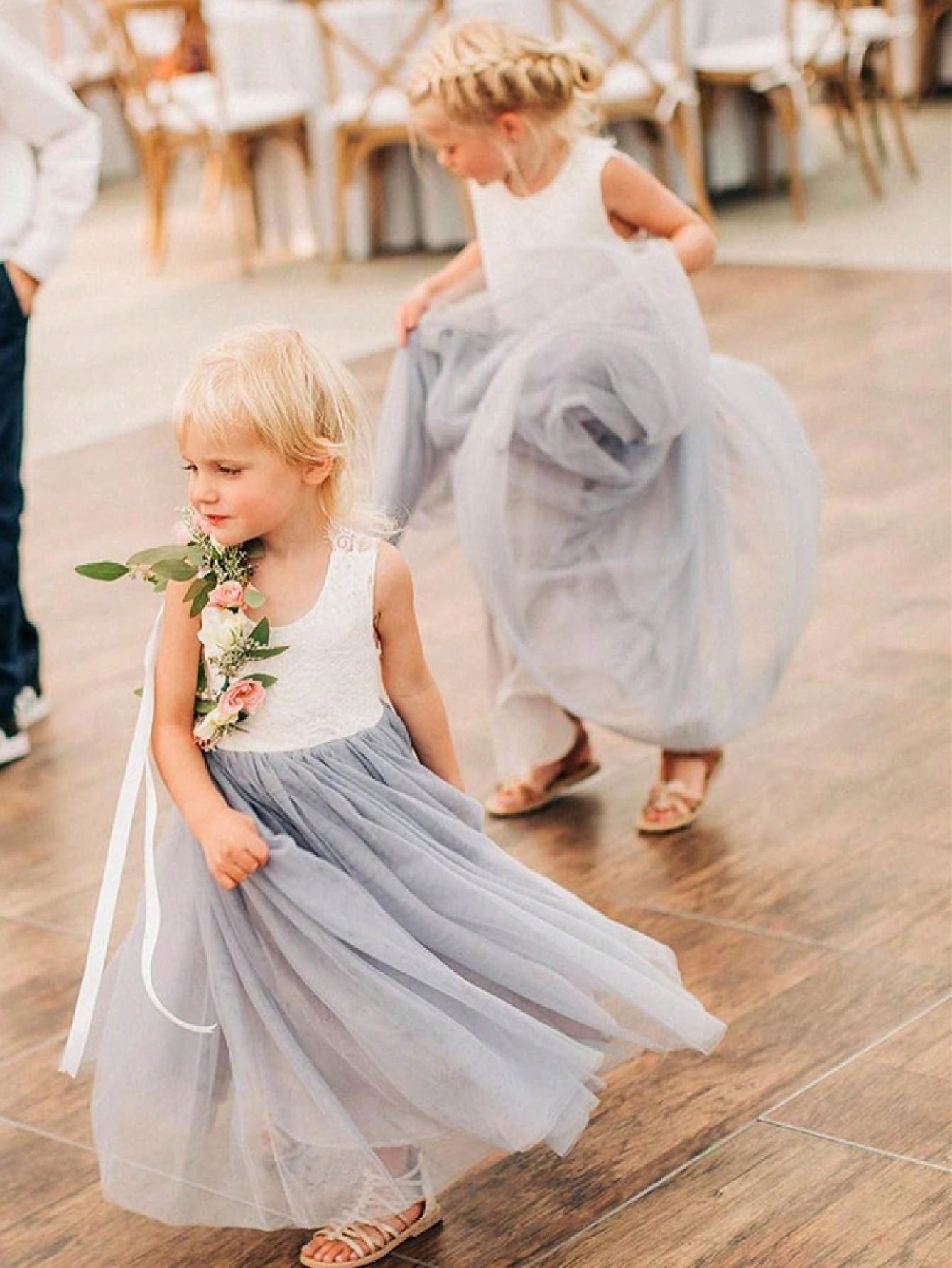 Girl Baby Toddler Vintage Lace V-Back Straight Tulle Tulle A-Line Sleeveless Full-Length Flower Girl Dress