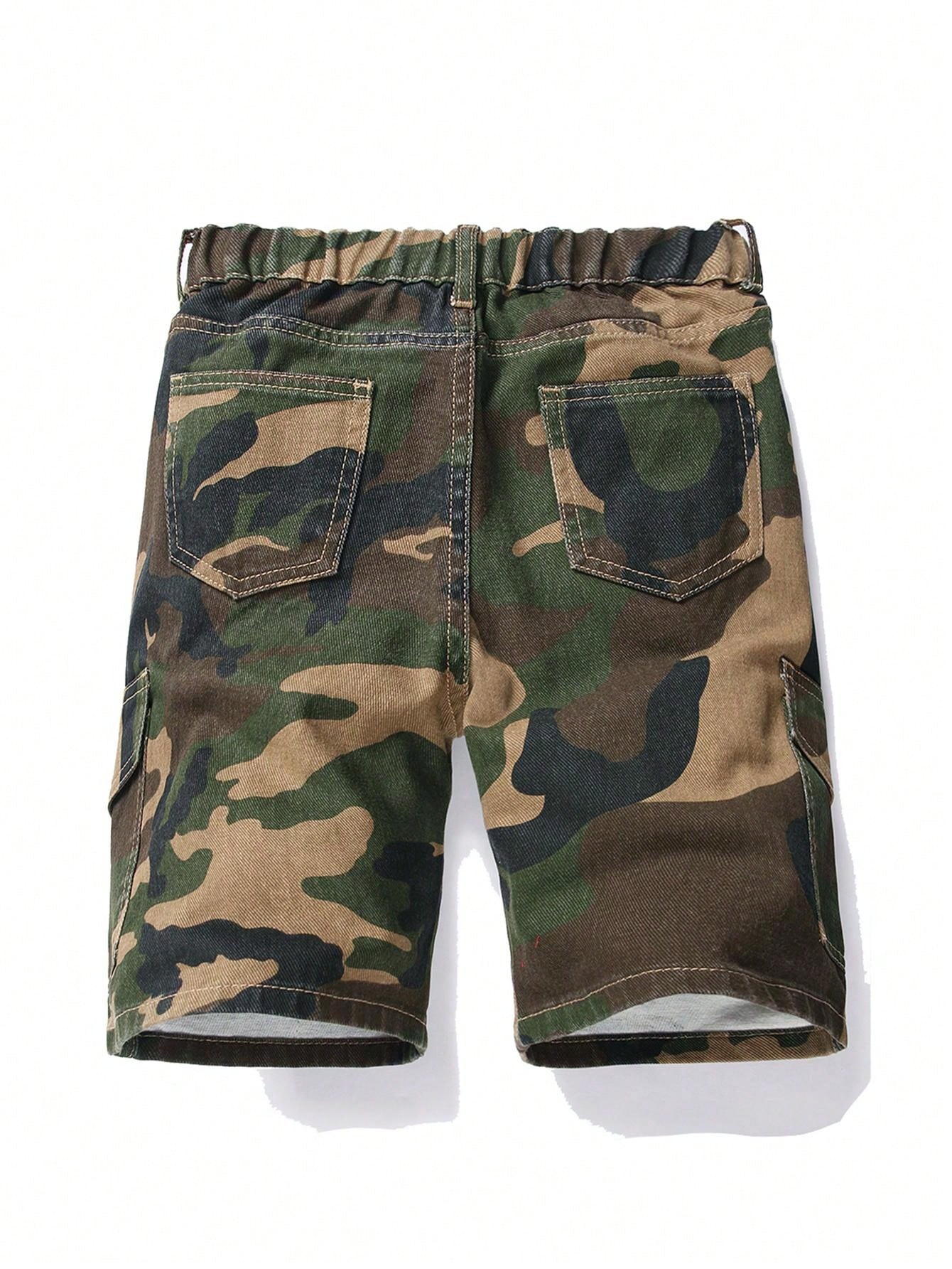 Boys Camouflage Elastic Waist Denim Shorts With Tool Pocket