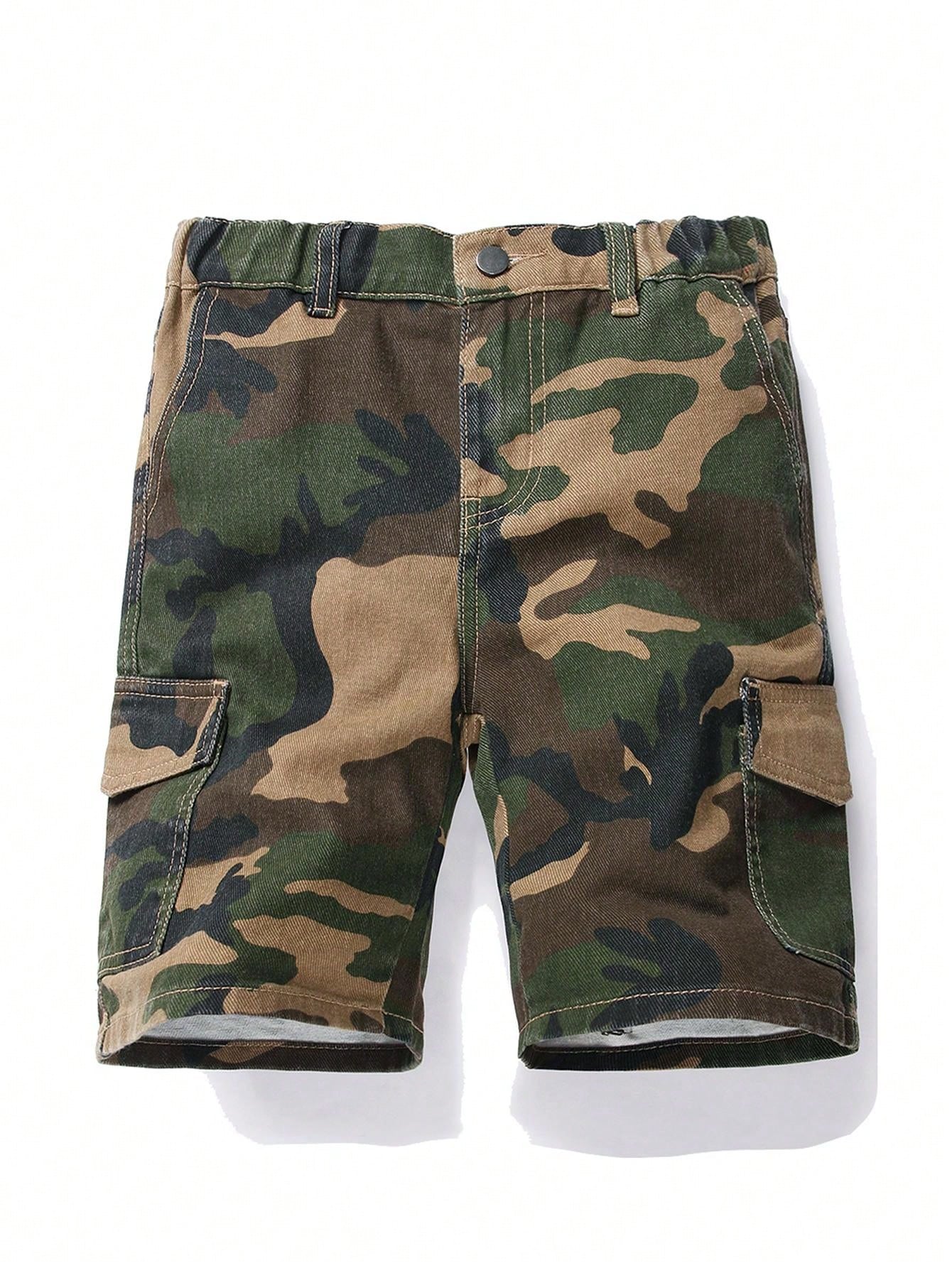 Boys Camouflage Elastic Waist Denim Shorts With Tool Pocket