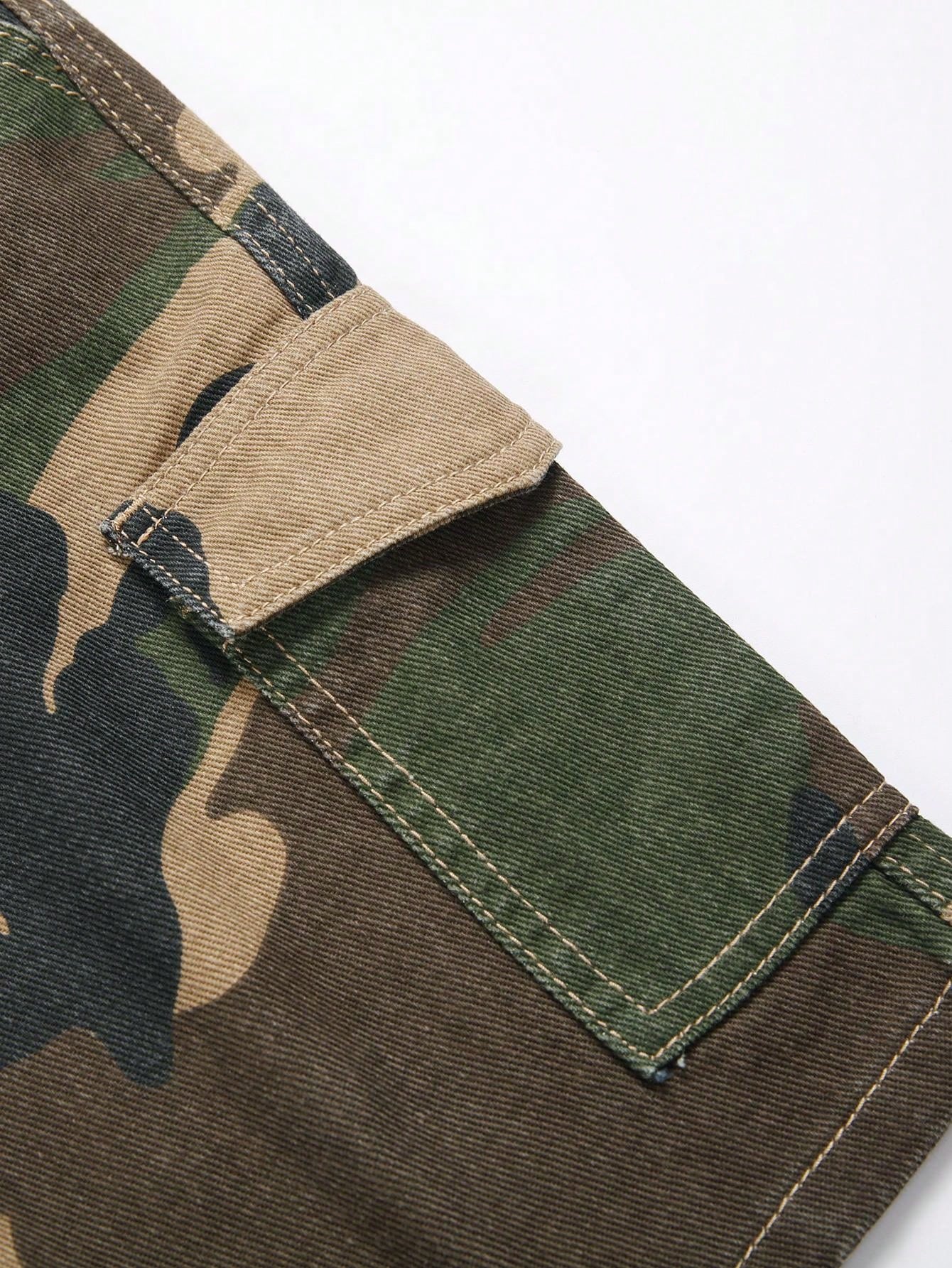 Boys Camouflage Elastic Waist Denim Shorts With Tool Pocket