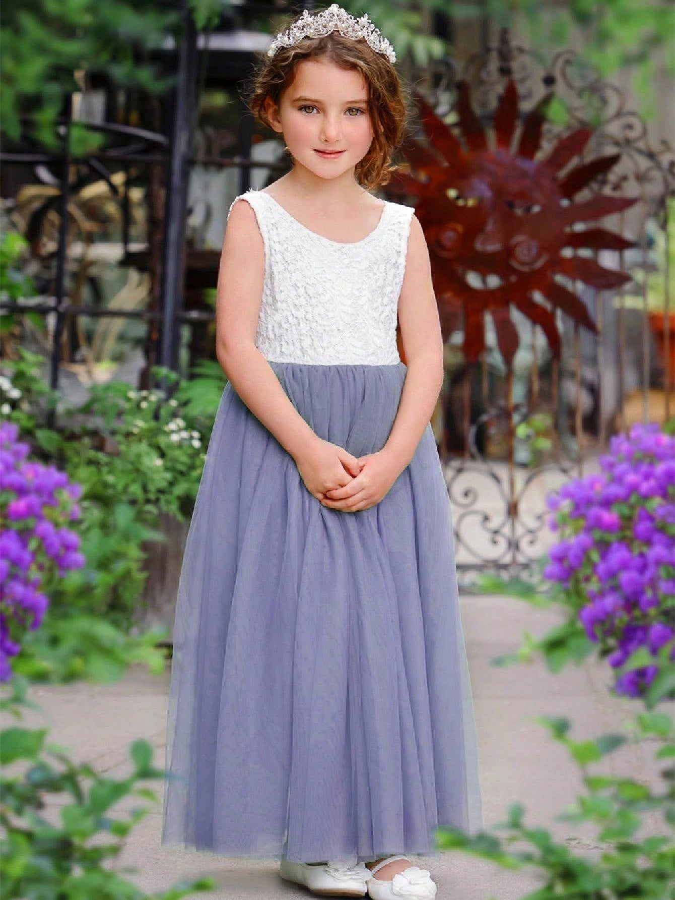 Girl Baby Toddler Vintage Lace V-Back Straight Tulle Tulle A-Line Sleeveless Full-Length Flower Girl Dress