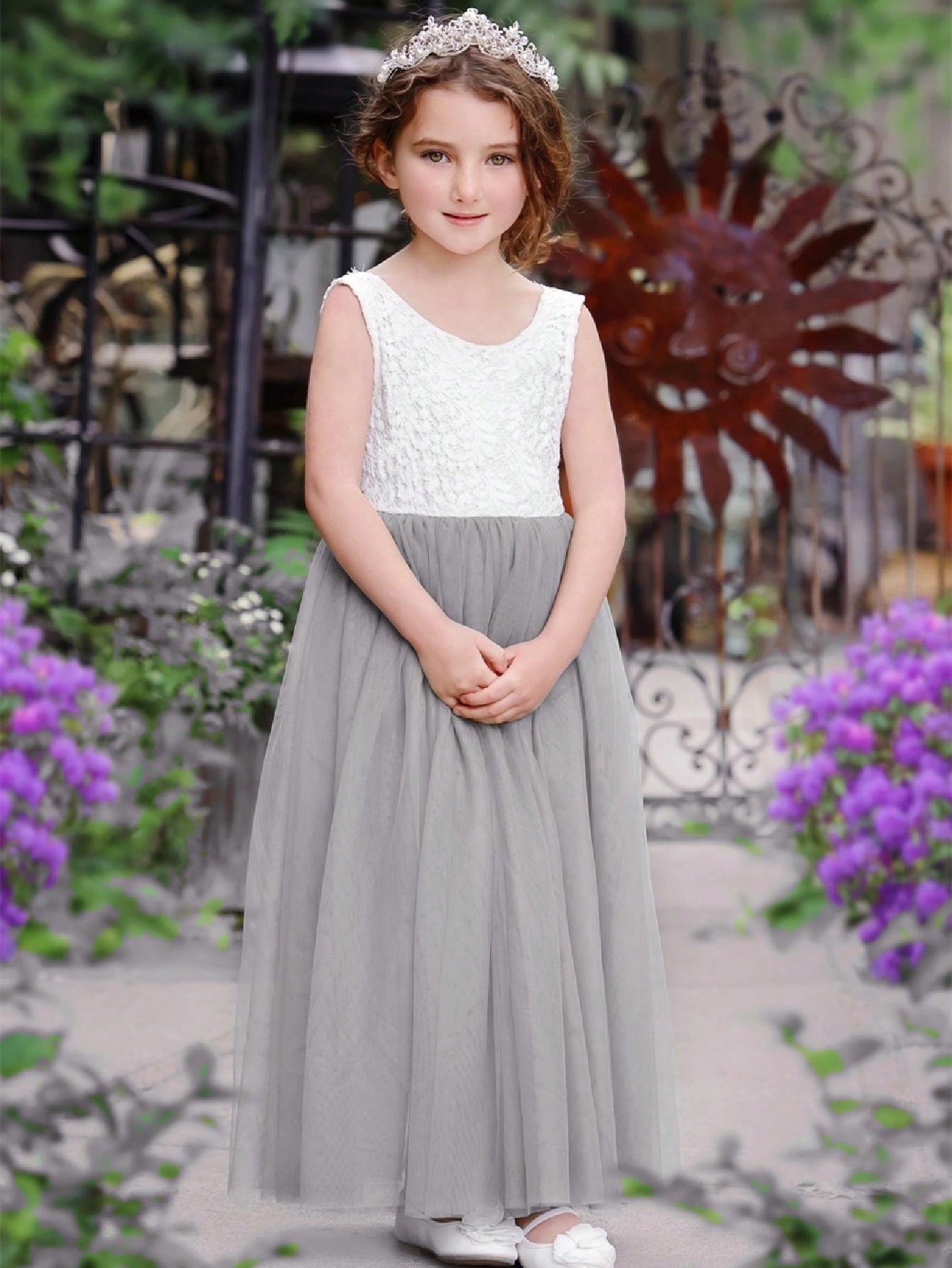 Girl Baby Toddler Vintage Lace V-Back Straight Tulle Tulle A-Line Sleeveless Full-Length Flower Girl Dress
