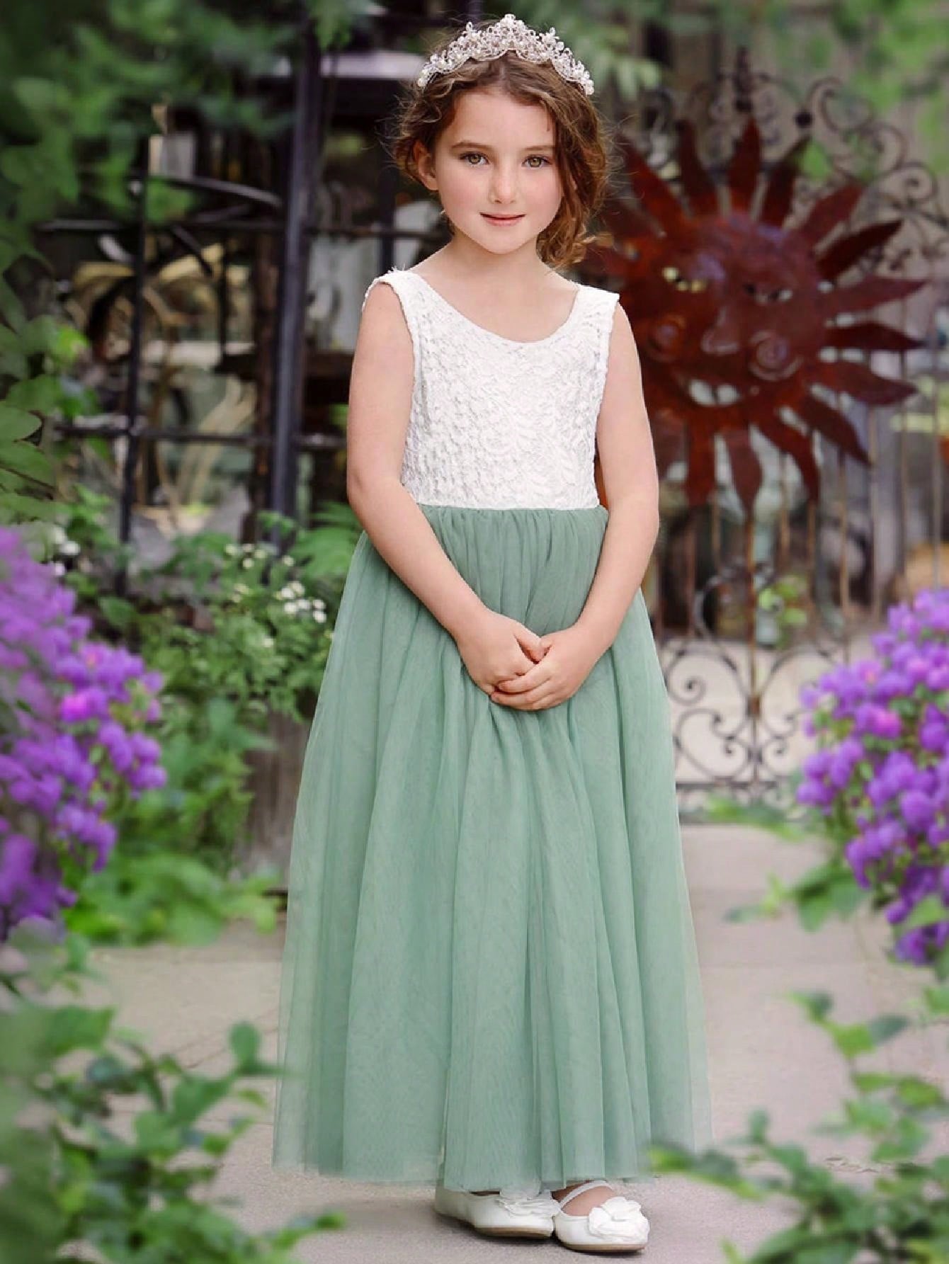 Girl Baby Toddler Vintage Lace V-Back Straight Tulle Tulle A-Line Sleeveless Full-Length Flower Girl Dress