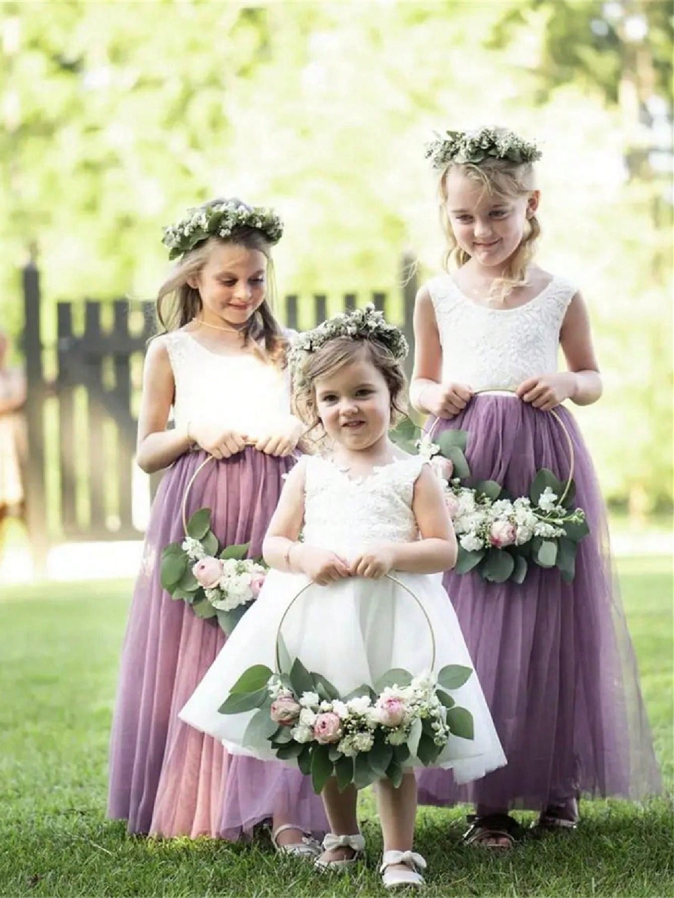 Girl Baby Toddler Vintage Lace V-Back Straight Tulle Tulle A-Line Sleeveless Full-Length Flower Girl Dress