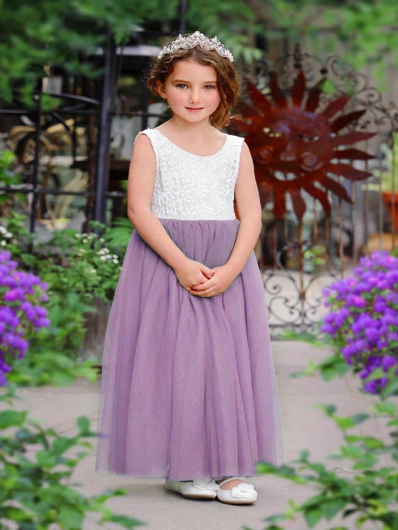 Girl Baby Toddler Vintage Lace V-Back Straight Tulle Tulle A-Line Sleeveless Full-Length Flower Girl Dress