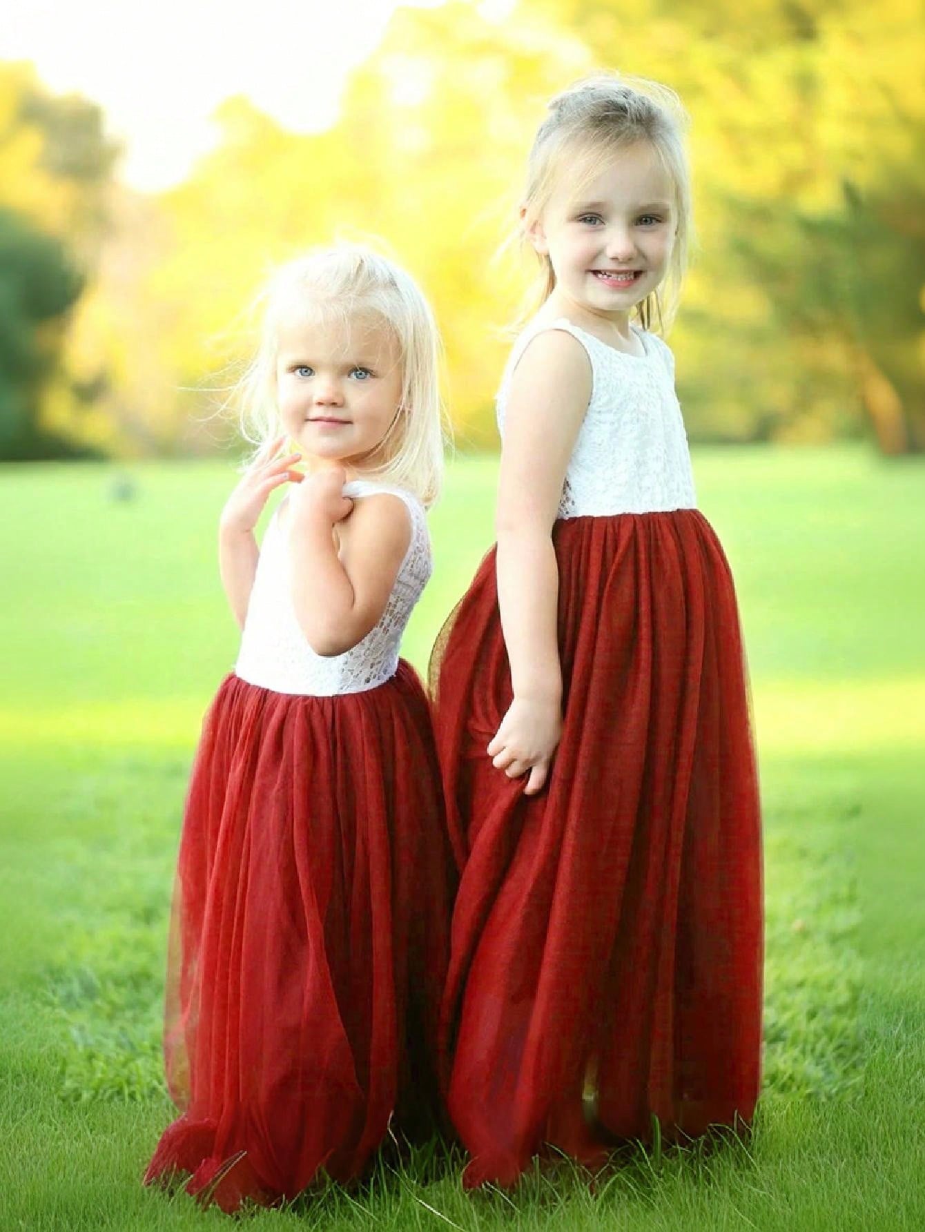 Girl Baby Toddler Vintage Lace V-Back Straight Tulle Tulle A-Line Sleeveless Full-Length Flower Girl Dress